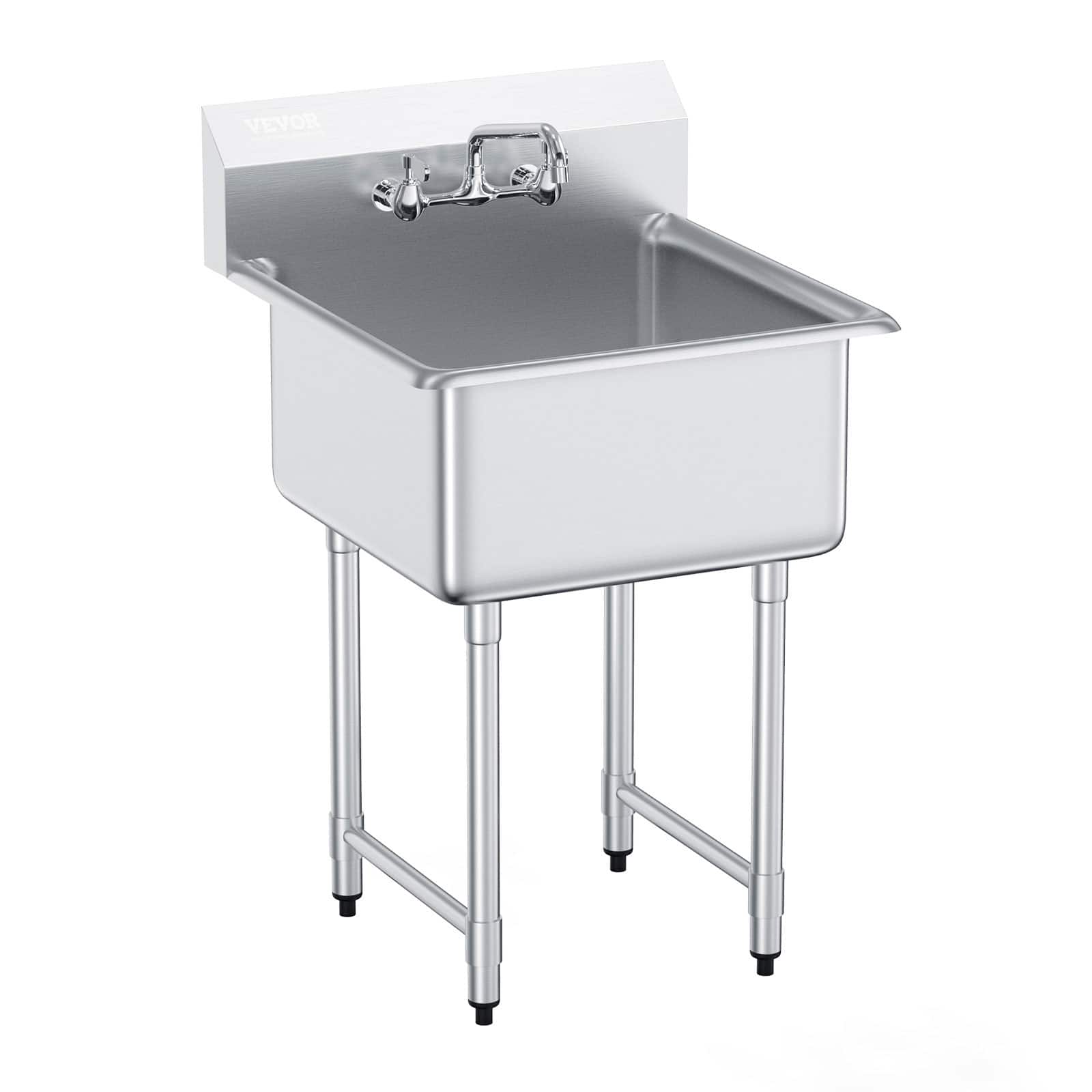 Front. VEVOR - Stainless Steel Prep & Utility Sink,1 Compartment Free Standing Small Sink Include Faucet & legs,27"x41" Commercial Sink - Stainless steel color.
