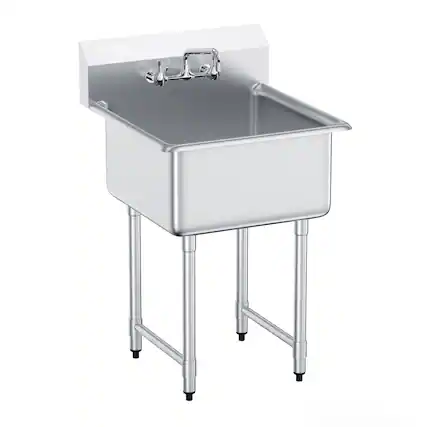 Front. VEVOR - Stainless Steel Prep & Utility Sink,1 Compartment Free Standing Small Sink Include Faucet & legs,27"x41" Commercial Sink - Stainless steel color.
