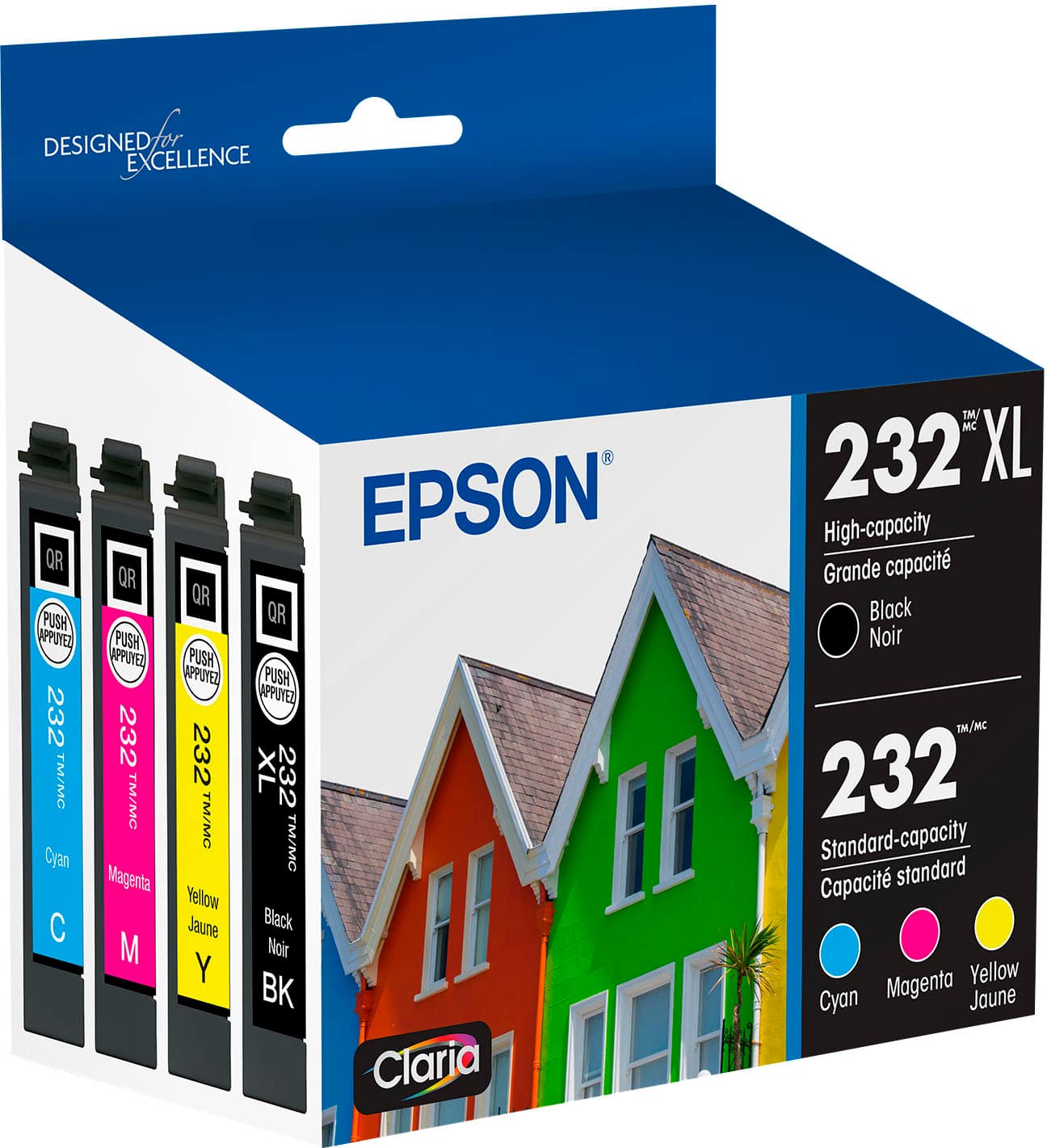 Designed for Excellence Epson 232 XL EPSON High-capacity Grande capacit QR Black Noir PUSH APPUNEZ TM/C XL 232 232 Black TM/MC FF Standard-capacity Capacit standard BK Noir II Cyan Magenta Jaune Yellow Claria
