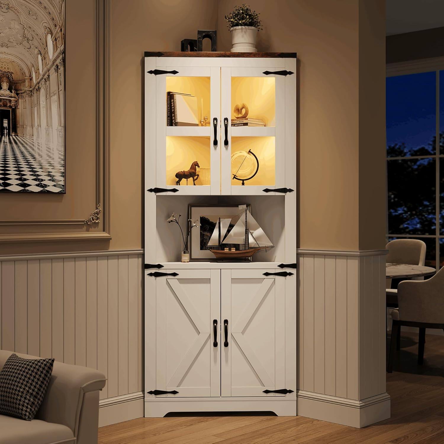 Front. Jojoka - 67inch Tall Corner Storage Cabinet with Lights Farmhouse Corner Hutch Display Cabinet with Glass Doors - White.