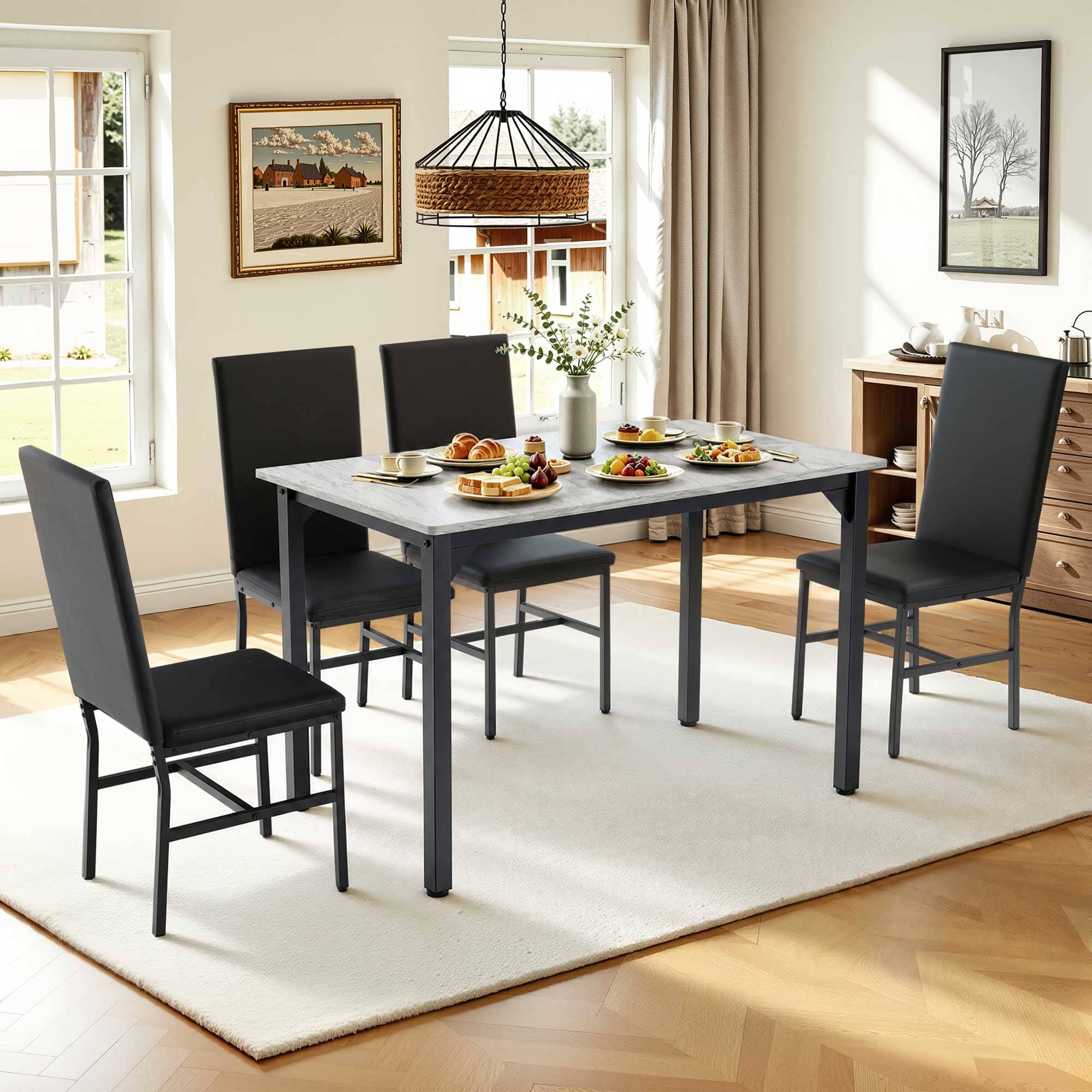 paproos - 5-Piece Dining Set for 4, Modern Faux Marble Dining Table and Chair Set with 4 PU Leather-Upholstered Chairs - Black Chair+White Tabletop price history on PriceWatchPro