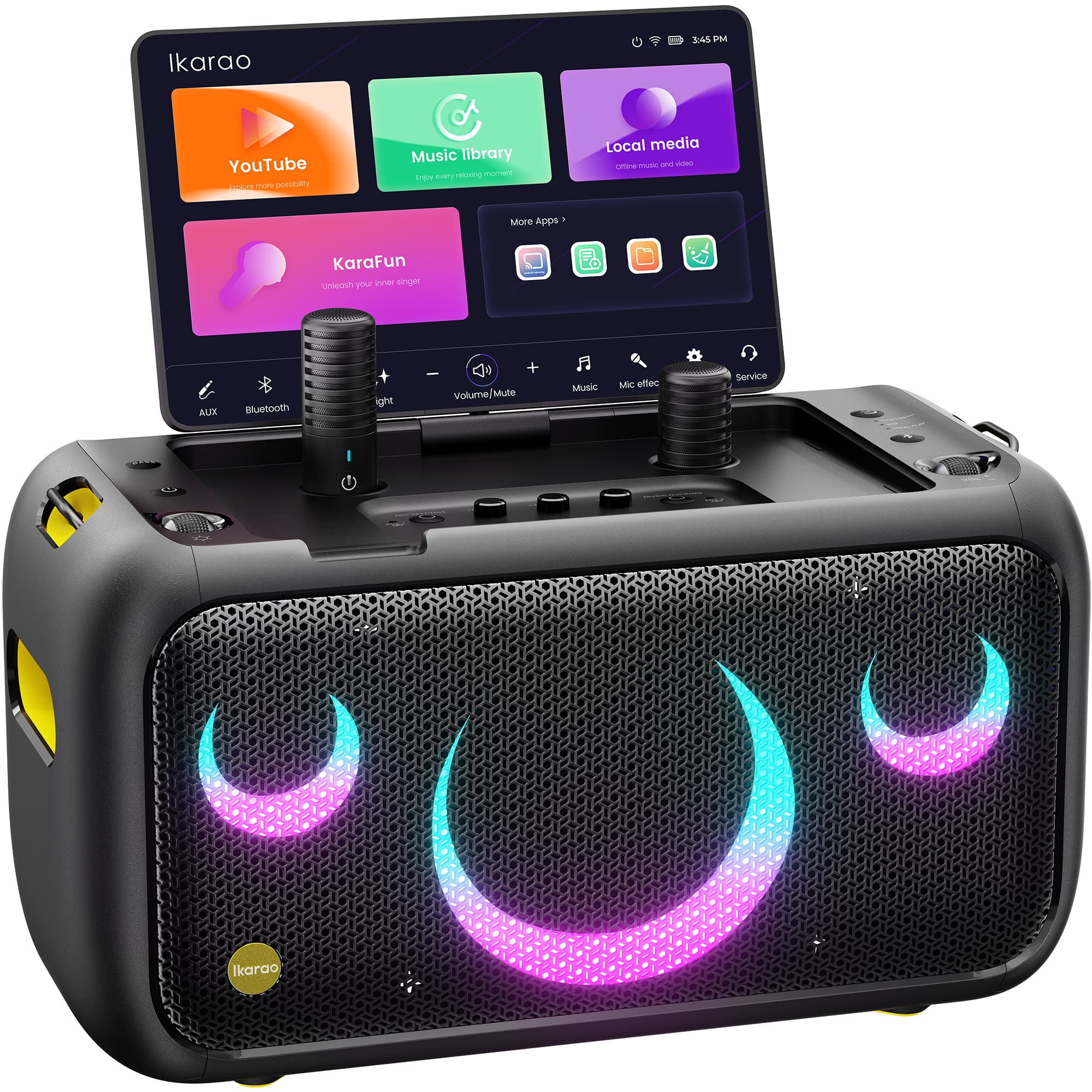 Ikarao - Karaoke Machine with Lyrics Display, 13.3" Screen, 2 Wireless Mics (Hidden & Self-Charging), 460W Bluetooth Speaker, TV