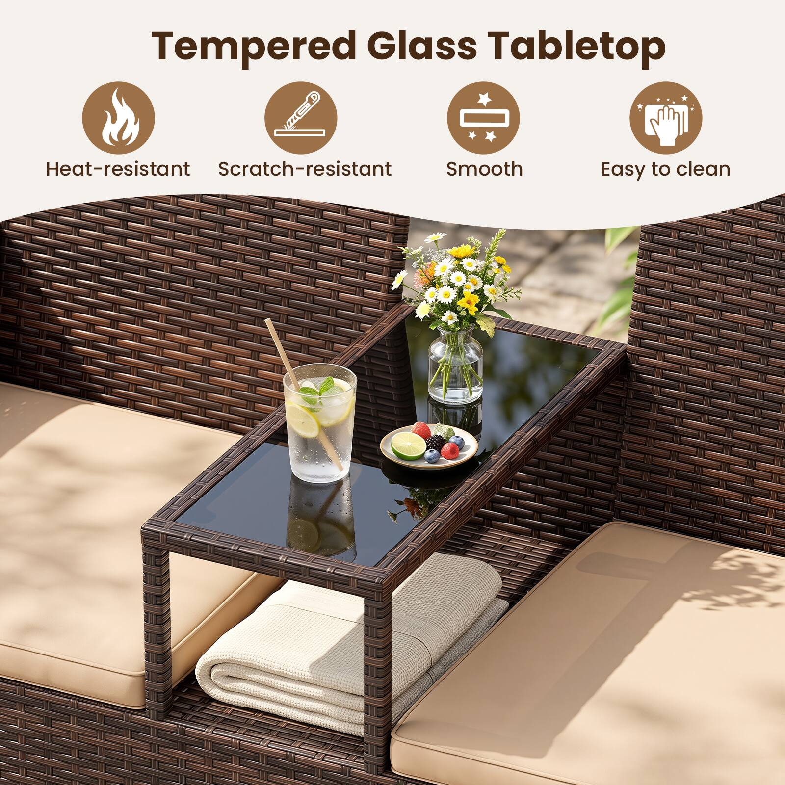 Tempered Glass Tabletop

- Heat-resistant
- Scratch-resistant
- Smooth
- Easy to clean