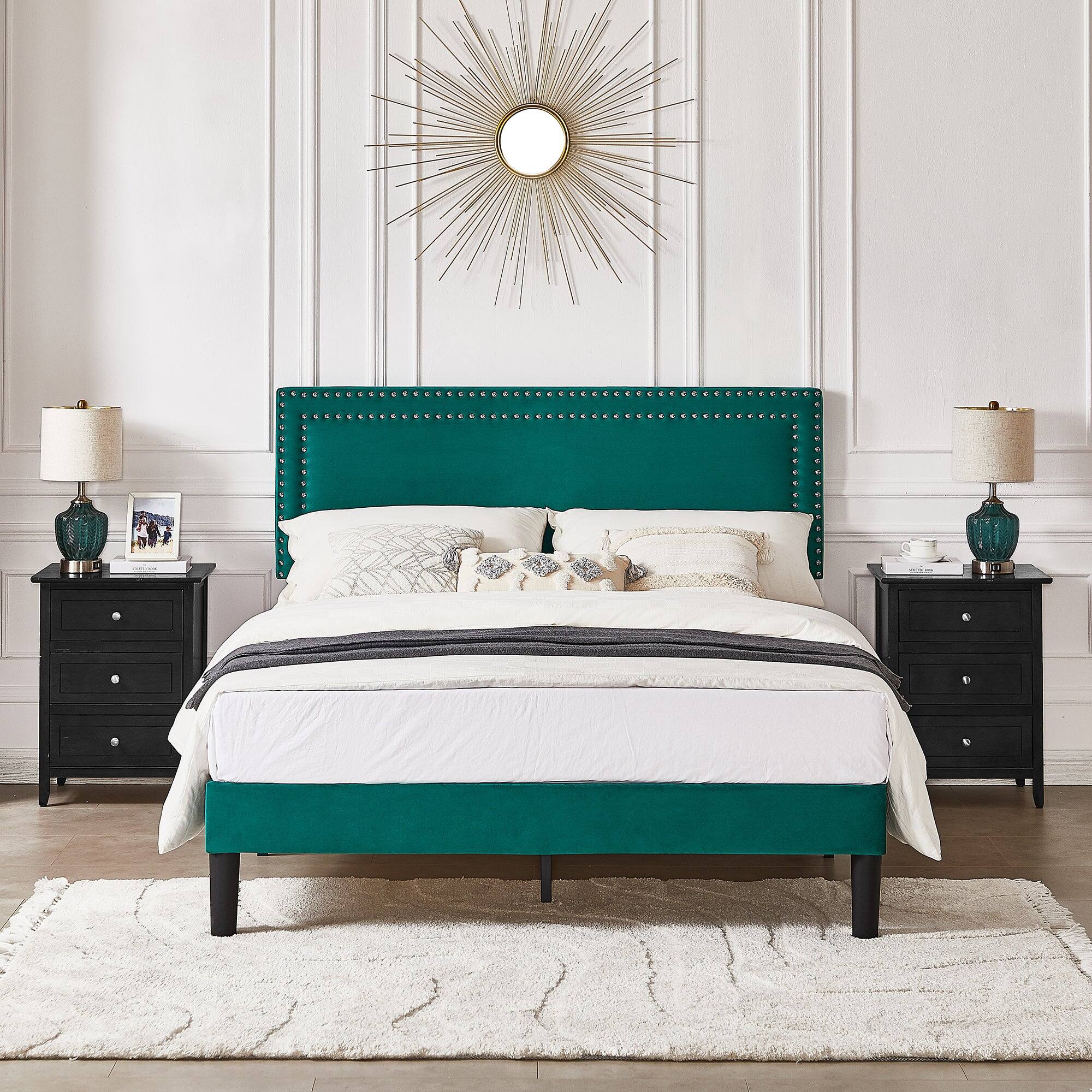 Alt View 1. Vecelo - Queen Size Platform Bed Frame with Adjustable Upholstered Headboard, Strong Wood Slat Support,No Box Spring Needed - Dark Green.