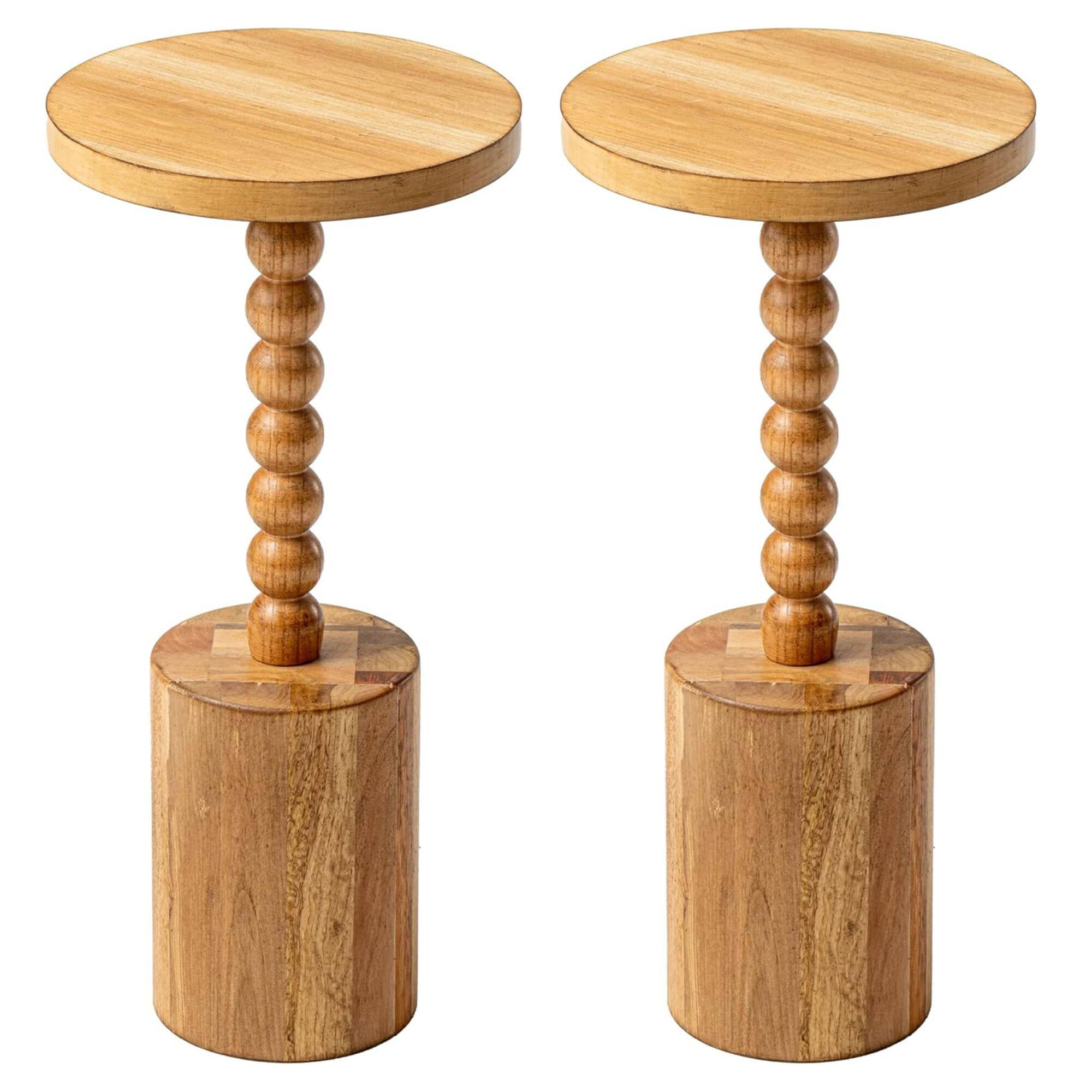Front. COZAYH - COZAYH Farmhouse Pedestal Side Table for Living Room & Bedrooms, Brown, Set of 2 - Natural Wood Color.