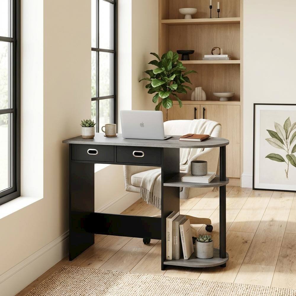 Left. BisonOffice - Black and Grey Laptop Desk with Steel Frame and Spacious Surface - French Oak Grey/Black/Black.