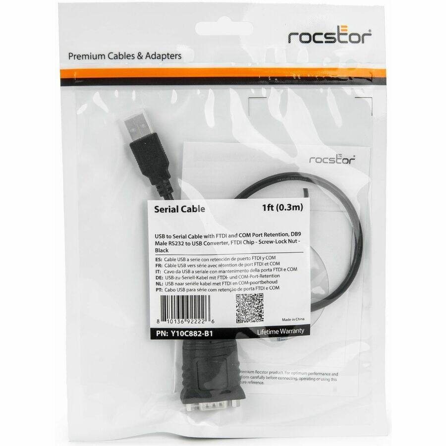 Premium Cables & Adapters

rocstor

Serial Cable

1ft (0.3m)

USB to Serial Cable with FTDI and COM Port Retention, DB9 Male RS232 to USB Converter, FTDI Chip, Screw-Lock Nut

Black

ES: Cable USB a serie con retención de puerto FTDI y COM
FR: Cable USB série avec rétention de port FTDI et COM
DE: USB-zu-Seriell-Kabel mit FTDI und COM-Port-Retention
NL: USB naar seriele kabel met FTDI en COM-peortbehoud
PT: Cabo USB para série com retenção de porta FTDI e COM

PN: Y10C882-B1

Made in China

Lifetime Warranty

Premium Rocstor product. For optimum performance and connections, carefully read the instructions before connecting, operating or using this reference.