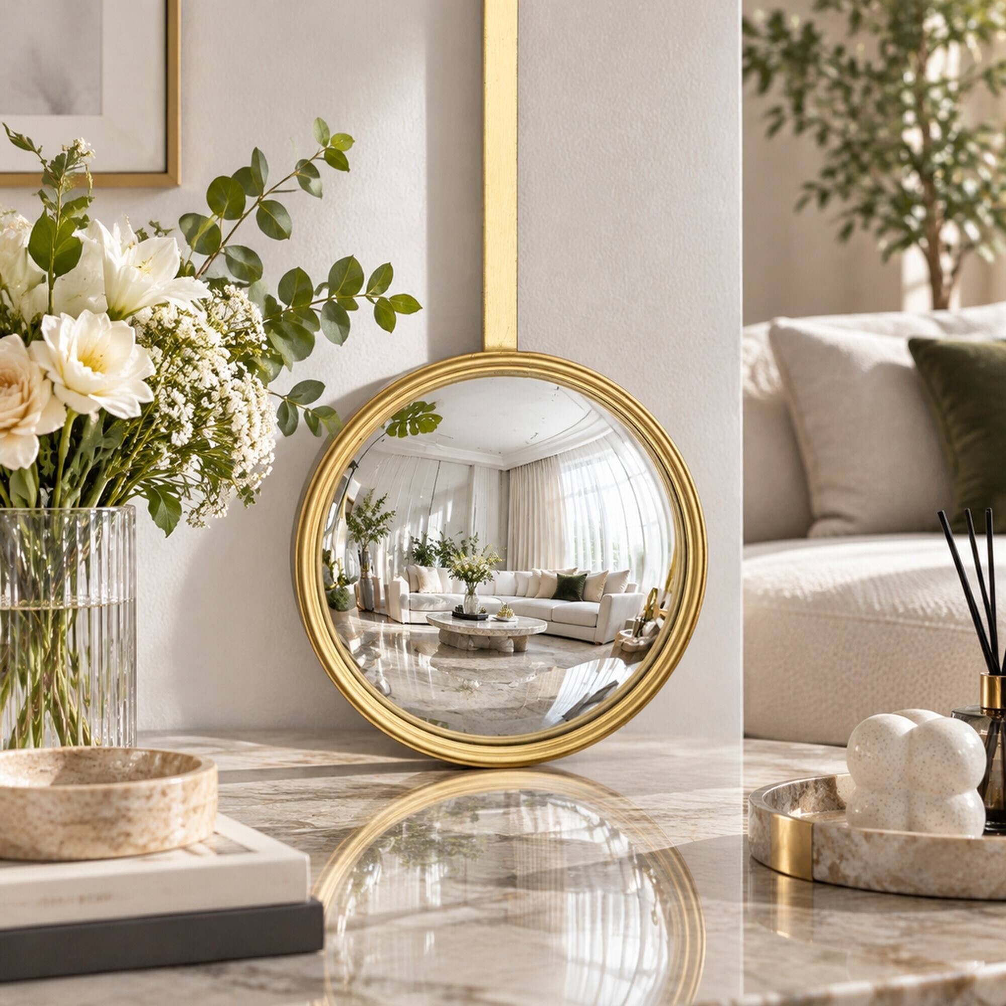 Back. RYHNUYNE - Gold Round Convex Wall Mirror, 10.4 in Iron Frame, Decorative Accent for Living Room, Bedroom, Vanity, Entryway - Gold.