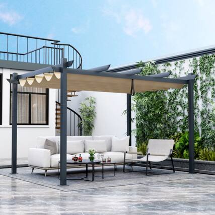 Front. Mondawe - 10x13 FT Outdoor Aluminum Retractable Pergola w Sun Shelter Canopy 8' Height - Beige.