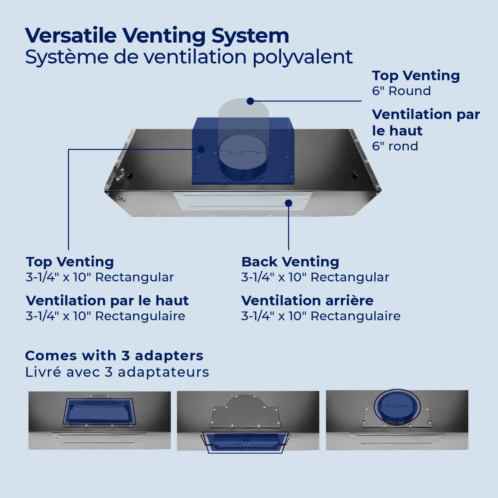 Versatile Venting System  
Système de ventilation polyvalent  

Top Venting  
6" Round  
Ventilation par le haut  
6" rond  

Top Venting  
3-1/4" x 10" Rectangular  
Ventilation par le haut  
3-1/4" x 10" Rectangulaire  

Back Venting  
3-1/4" x 10" Rectangular  
Ventilation arrière  
3-1/4" x 10" Rectangulaire  

Comes with 3 adapters  
Livré avec 3 adaptateurs