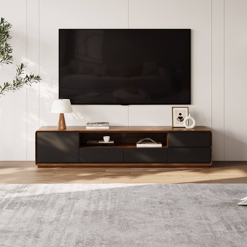 Angle. POVISON - 70.87"Modern Wood TV Stand, Lowline TV Console With Drawers, Open Storage, Cabinet, Walnut Veneer, Fully-Assembled - Dark Wood & Black.