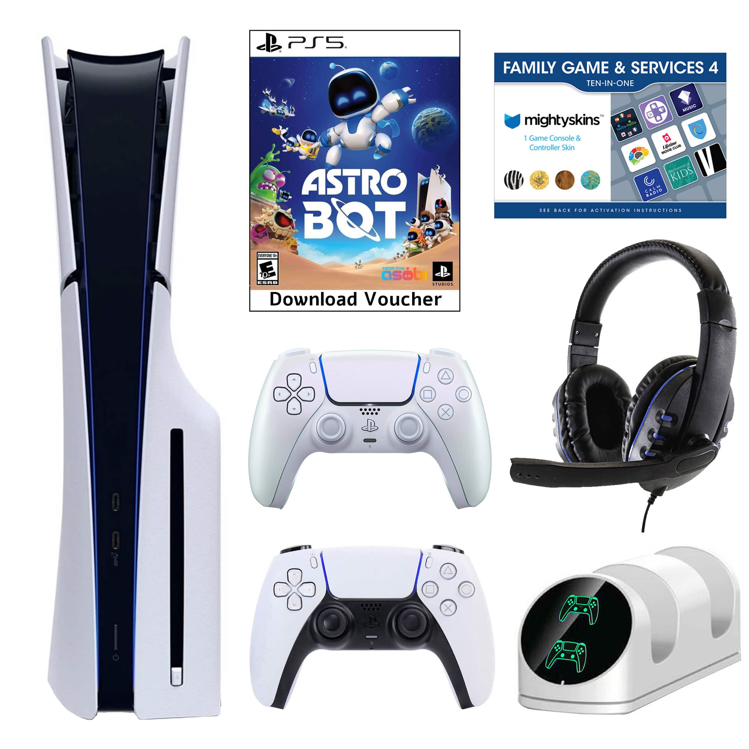 PS5 Family Game & Services 4: Astro Bot: QOT - Astro Bot: QOT is a game for the PlayStation 5 console. It comes with a download voucher for the game and a controller skin. The game is designed for kids and features a robot character. The image also includes a headset and a game controller.