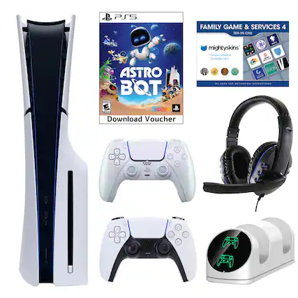 PS5 Family Game & Services 4: Astro Bot: QOT - Astro Bot: QOT is a game for the PlayStation 5 console. It comes with a download voucher for the game and a controller skin. The game is designed for kids and features a robot character. The image also includes a headset and a game controller.