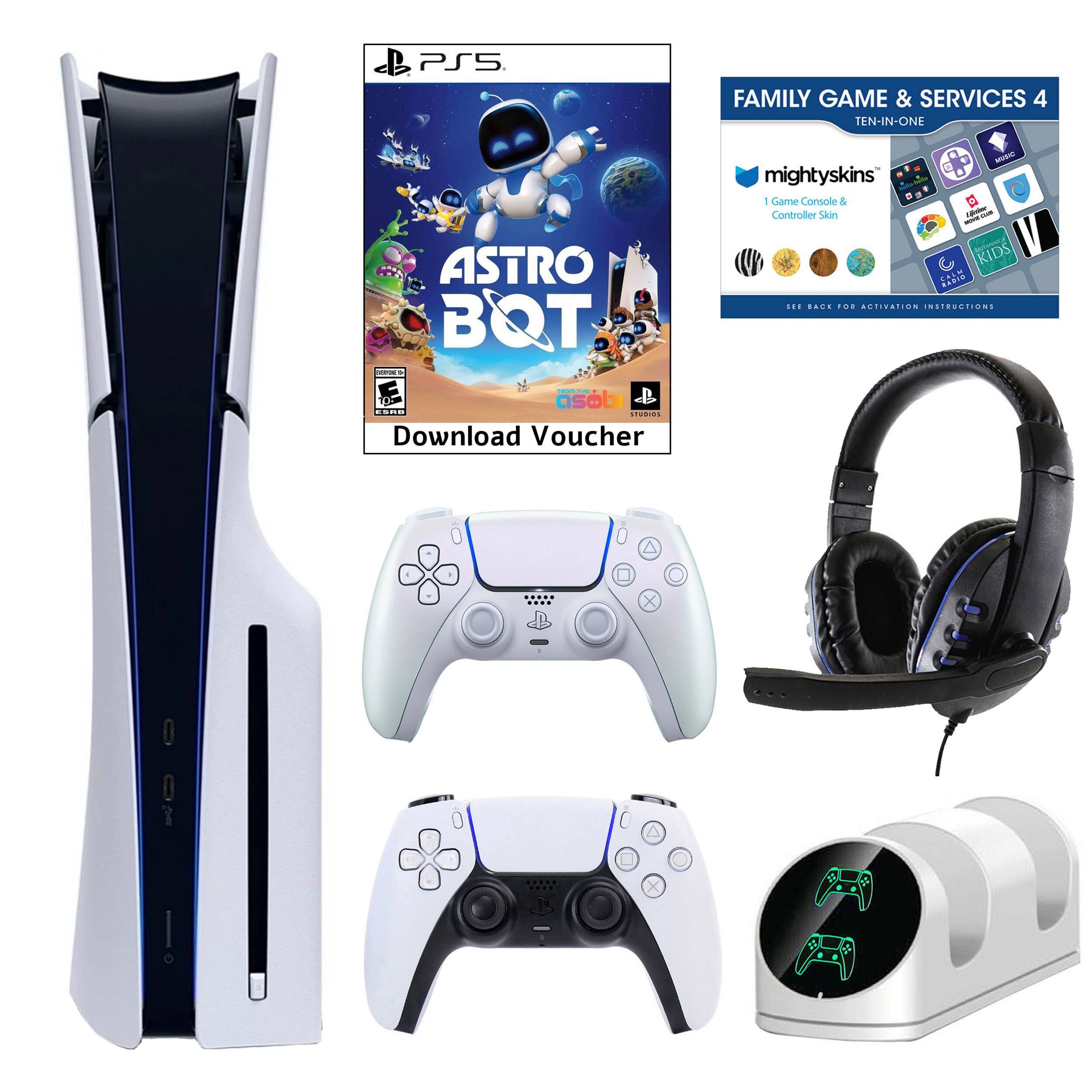 PS5 Family Game & Services 4: Astro Bot: QOT - Astro Bot: QOT is a game for the PlayStation 5 console. It comes with a download voucher for the game and a controller skin. The game is designed for kids and features a robot character. The image also includes a headset and a game controller.
