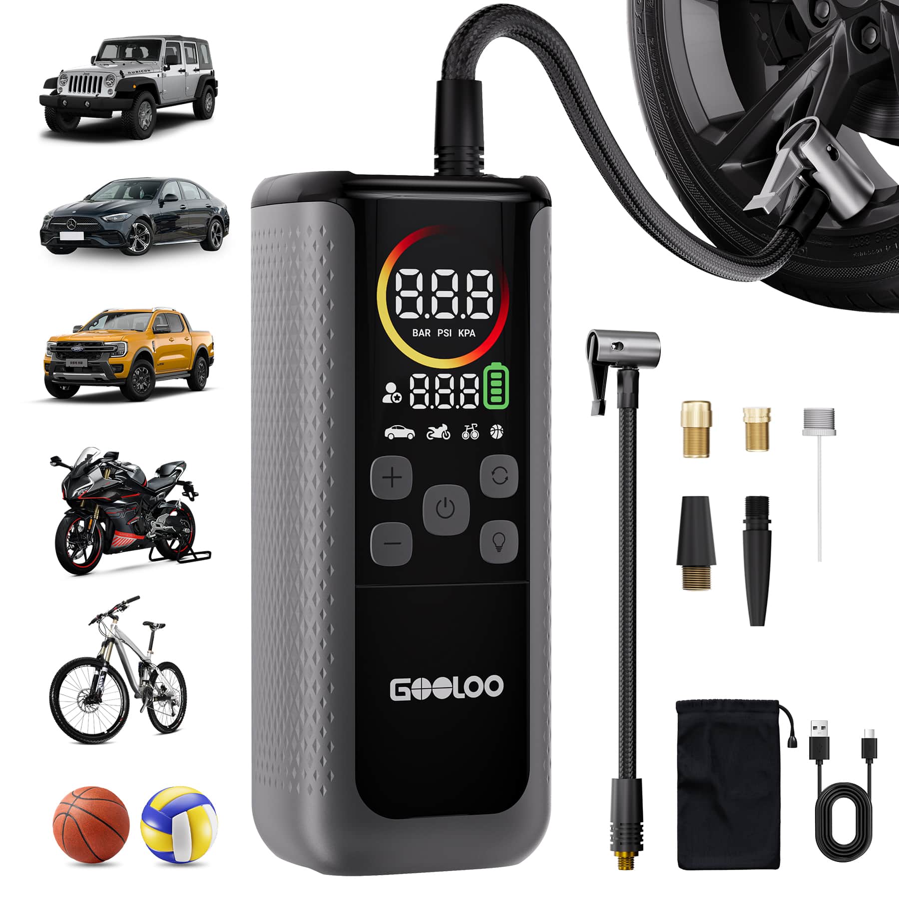 GOOLOO - GT160 Dual Tire Inflator, Dual Cylinder 4X Faster Portable Air Compressor with Color LED Screen & Auto Shut-Off - GRAY,BLACK