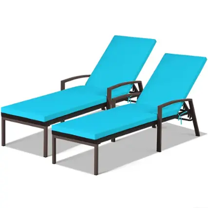 Costway - 2PCS Patio Rattan Lounge Chair Chaise Recliner Back Adjustable Cushioned - Turquoise