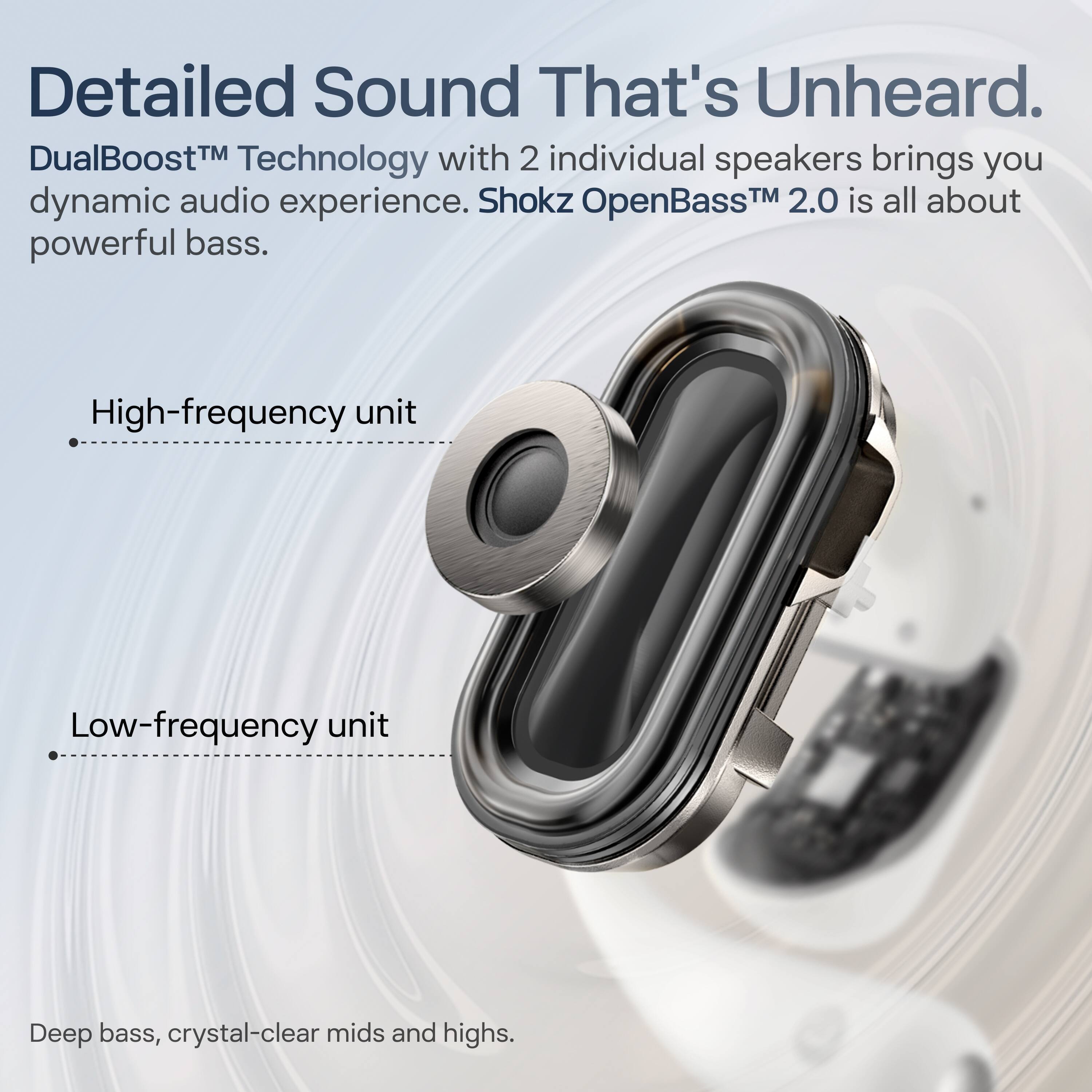 Detailed Sound That's Unheard.

DualBoost™ Technology with 2 individual speakers brings you dynamic audio experience. Shokz OpenBass™ 2.0 is all about powerful bass.

- High-frequency unit
- Low-frequency unit

Deep bass, crystal-clear mids and highs.