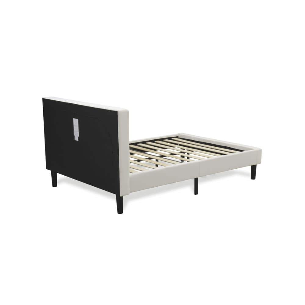 East West Furniture - NLF-19-F Nolan Platform Bed Frame - Button Tufted White Velvet Fabric Padded Headboard & Footboard - Black