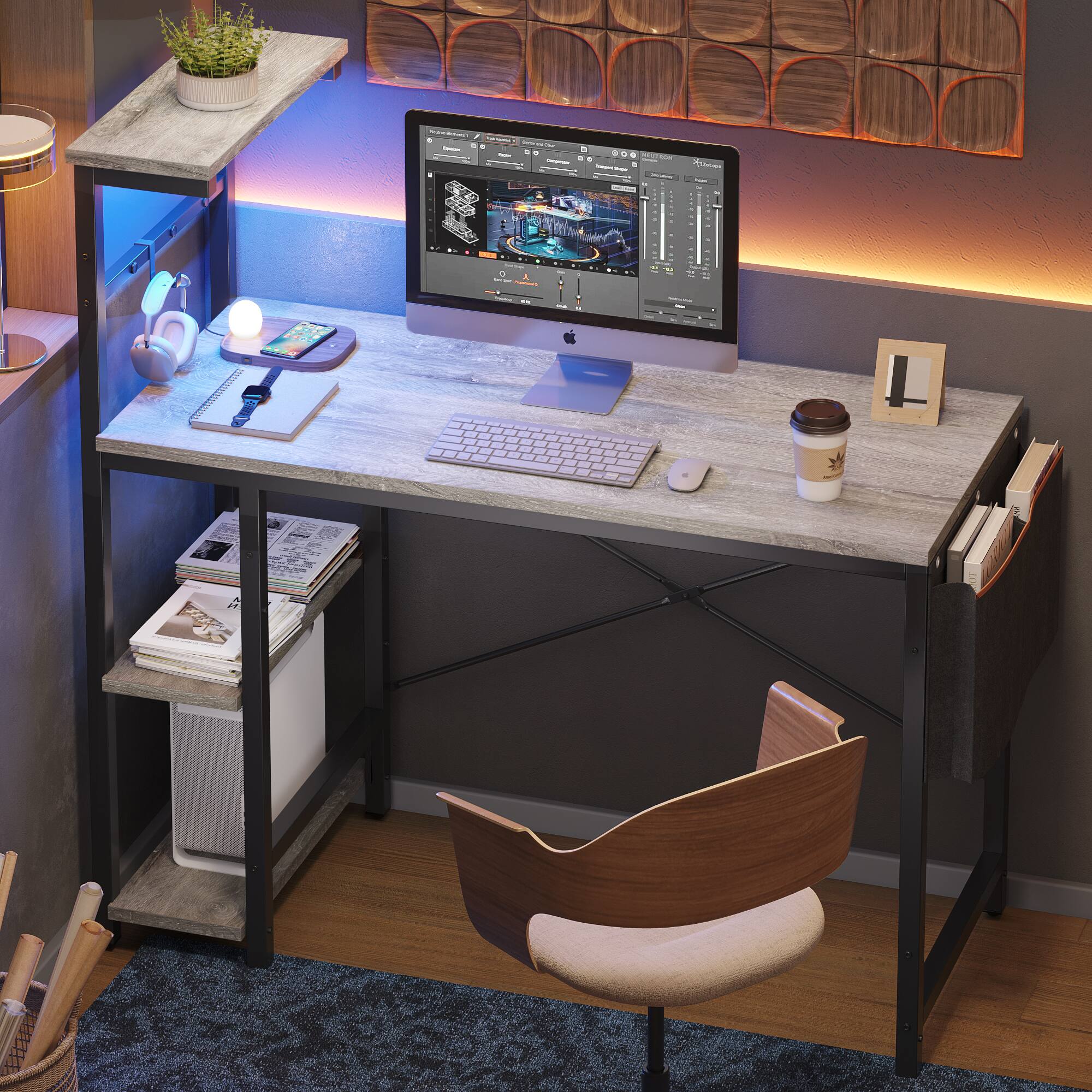 Alt View 4. Bestier - 44'' RGB Gaming Desk, PC Gaming Desk with Reversible Shelves & Side Storage, Gaming Computer Desk for Home Office - Light Gray.