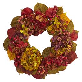 BreeBe - 24" Fall Hydrangea Wreath - Orange/Green/Pink