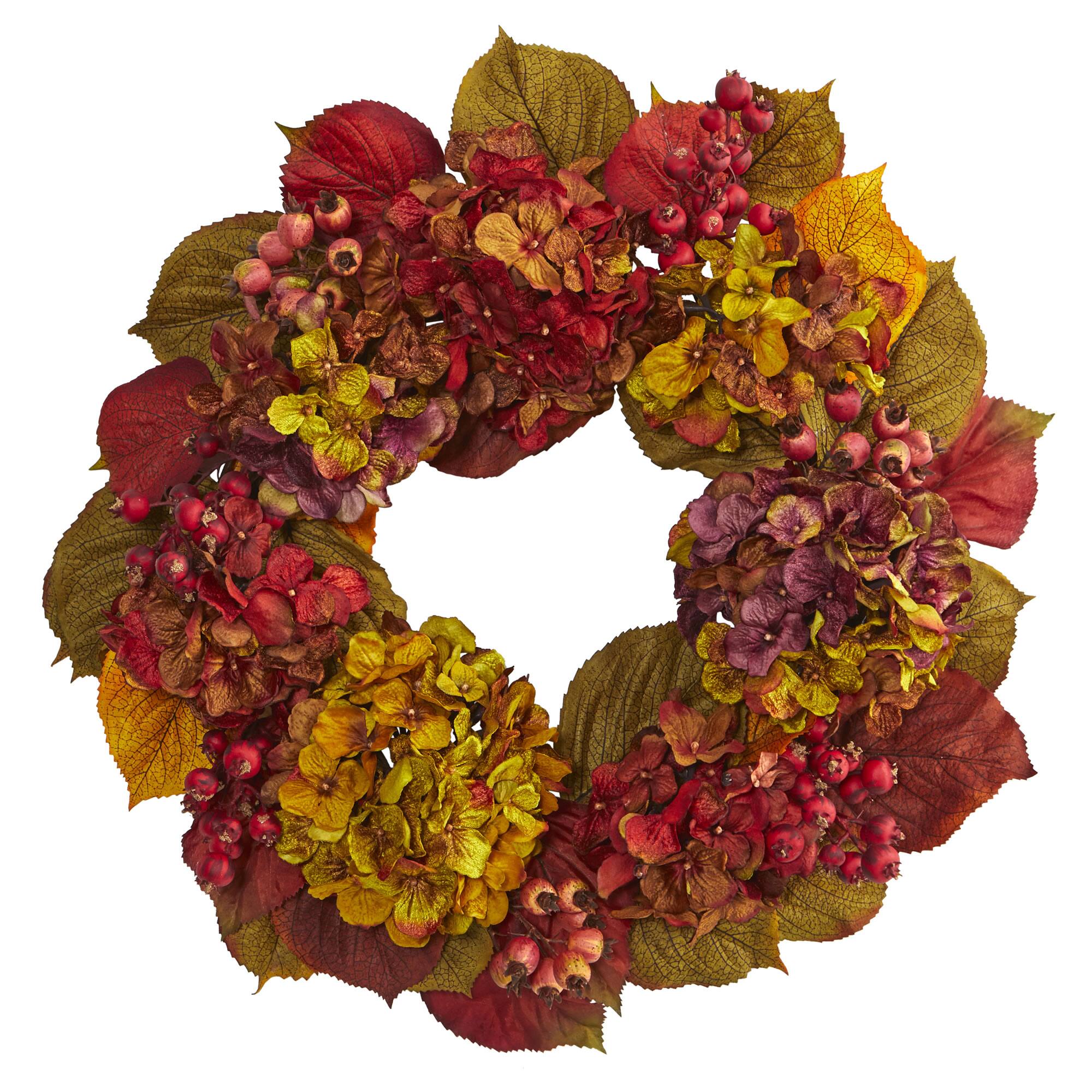 Front. BreeBe - 24" Fall Hydrangea Wreath - Orange/Green/Pink.