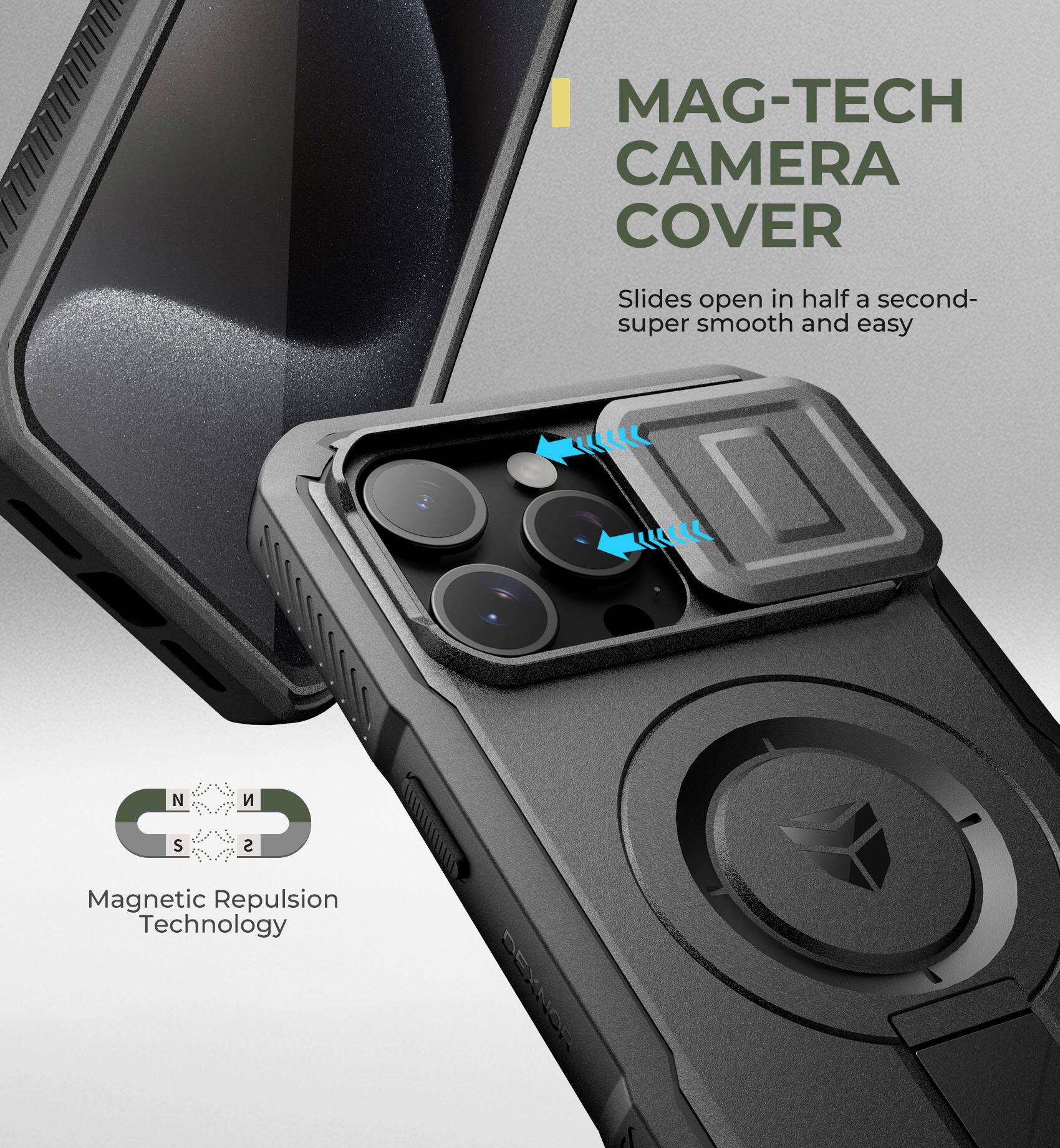MAG-TECH CAMERA COVER Slides open in half a second- super smooth and easy Magnetic Repulsion Technology DEXNOR