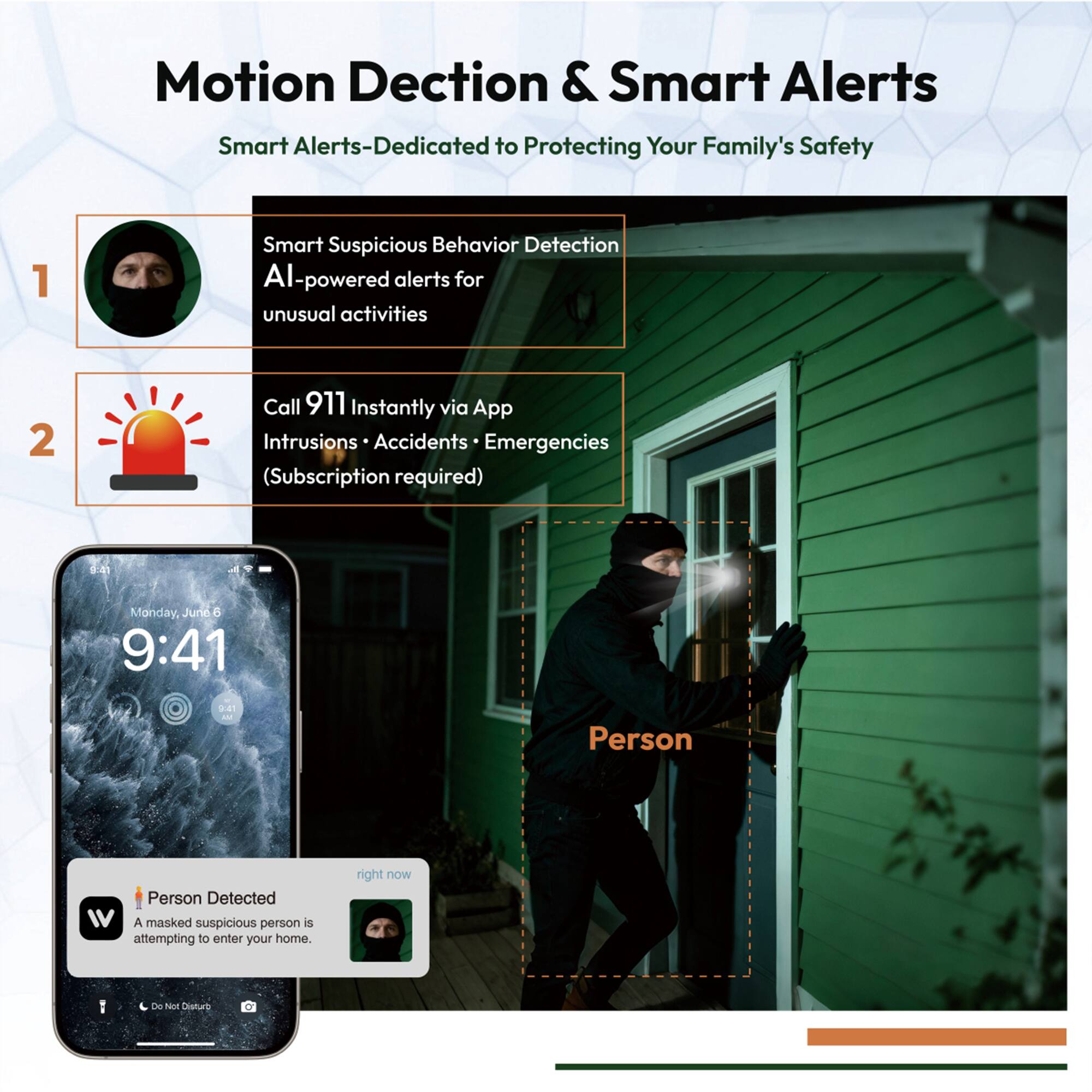 Motion Detection & Smart Alerts  
Smart Alerts - Dedicated to Protecting Your Family's Safety

1. Smart Suspicious Behavior Detection  
   AI-powered alerts for unusual activities

2. Call 911 Instantly via App  
   Intrusions • Accidents • Emergencies  
   (Subscription required)

Monday, June 6  
9:41

Person Detected  
A masked suspicious person is attempting to enter your home.  
right now