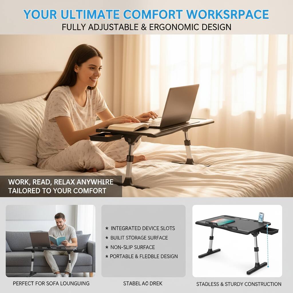YOUR ULTIMATE COMFORT WORKSPACE  
FULLY ADJUSTABLE & ERGONOMIC DESIGN  

WORK, READ, RELAX ANYWHERE  
TAILORED TO YOUR COMFORT  

* INTEGRATED DEVICE SLOTS  
* BUILT-IN STORAGE SURFACE  
* NON-SLIP SURFACE  
* PORTABLE & FLEXIBLE DESIGN  

PERFECT FOR SOFA LOUNGING  
STABLE AO DREK  
STADLESS & STURDY CONSTRUCTION