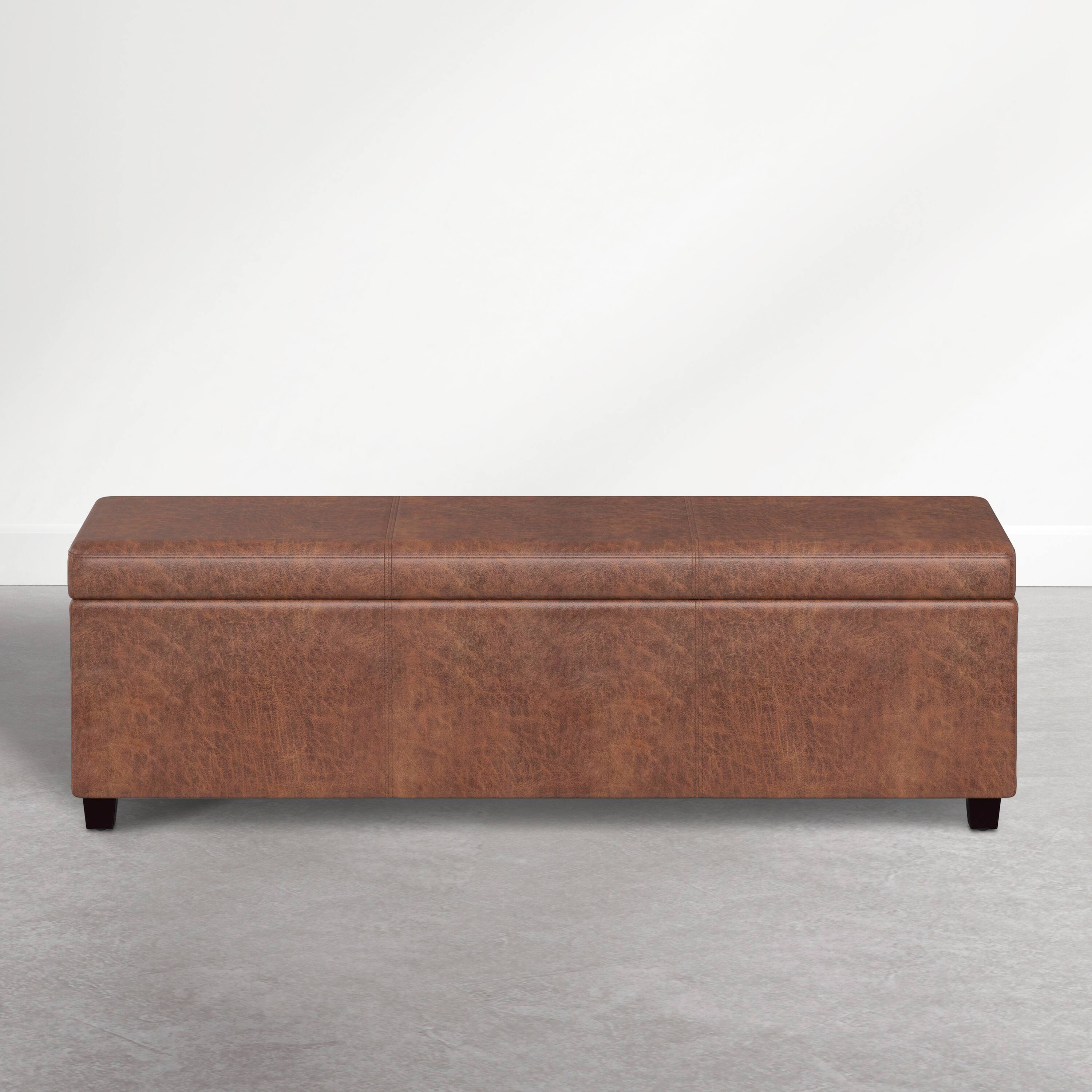 Back. Simpli Home - Avalon 54 inch Wide Upholstered Solid Wood Rectangular Ottoman Bench, Distressed Pecan Brown - Distressed Pecan Brown.