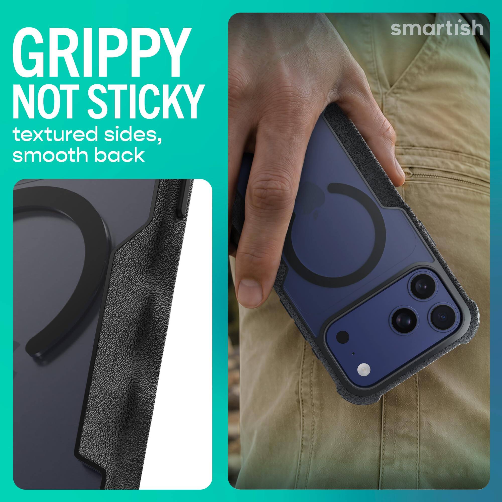 GRIPPY NOT STICKY textured sides, smooth back

smartish