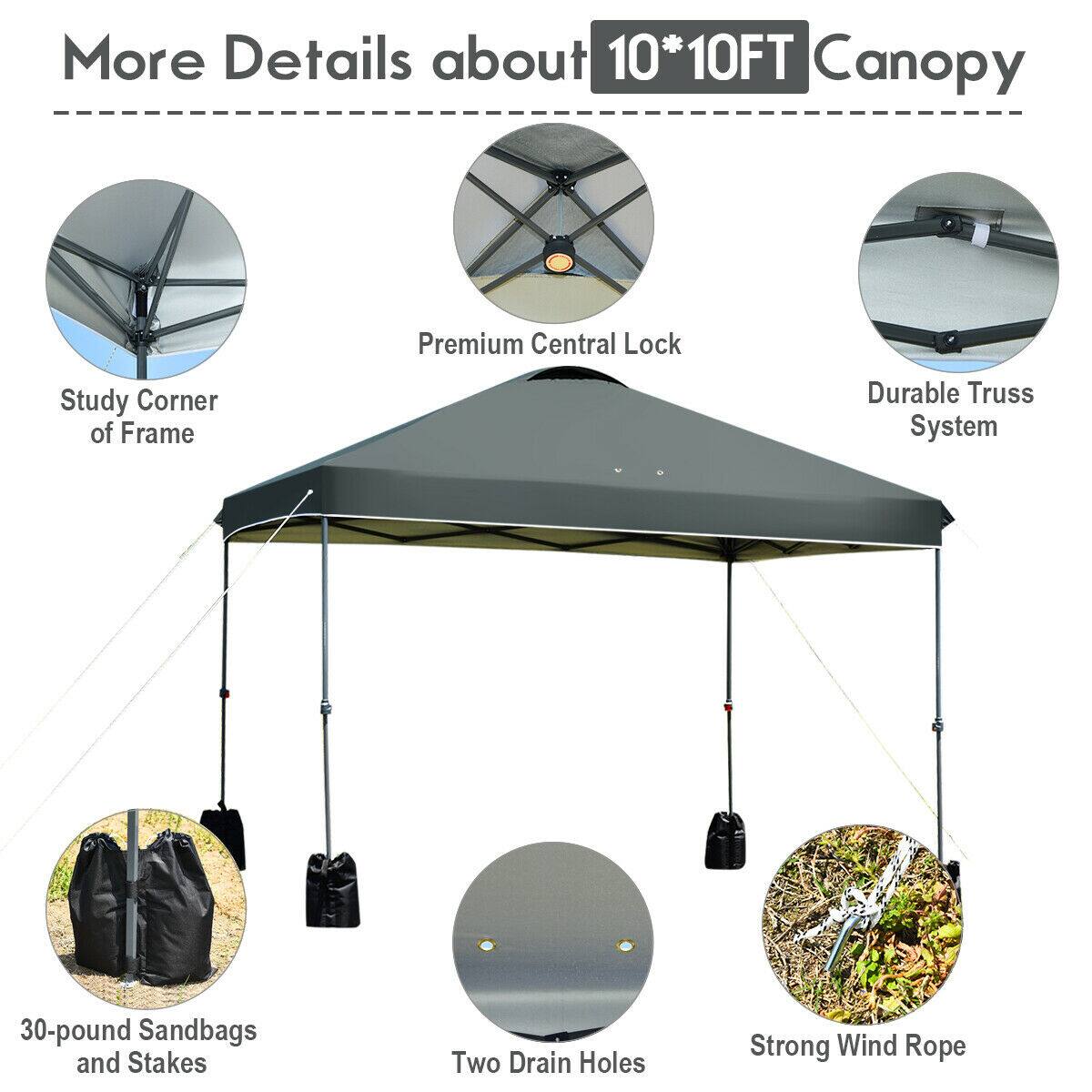 More Details about 10*10FT Canopy

- Premium Central Lock
- Study Corner of Frame
- Durable Truss System
- 30-pound Sandbags and Stakes
- Two Drain Holes
- Strong Wind Rope