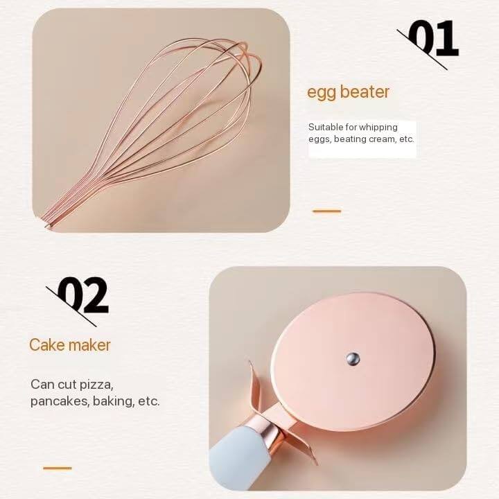01 egg beater  
Suitable for whipping eggs, beating cream, etc.

02 Cake maker  
Can cut pizza, pancakes, baking, etc.