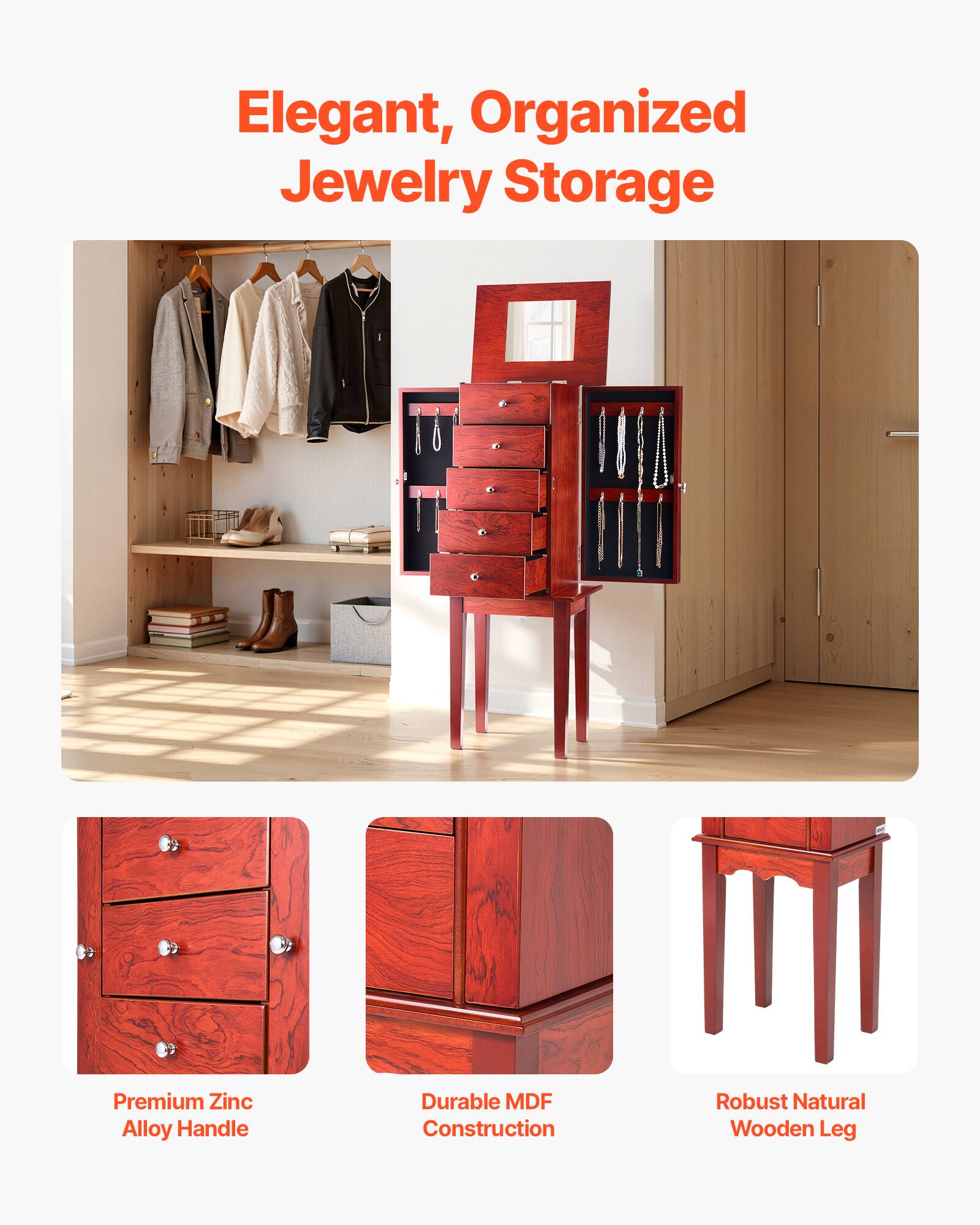 Elegant, Organized Jewelry Storage

- Premium Zinc Alloy Handle
- Durable MDF Construction
- Robust Natural Wooden Leg