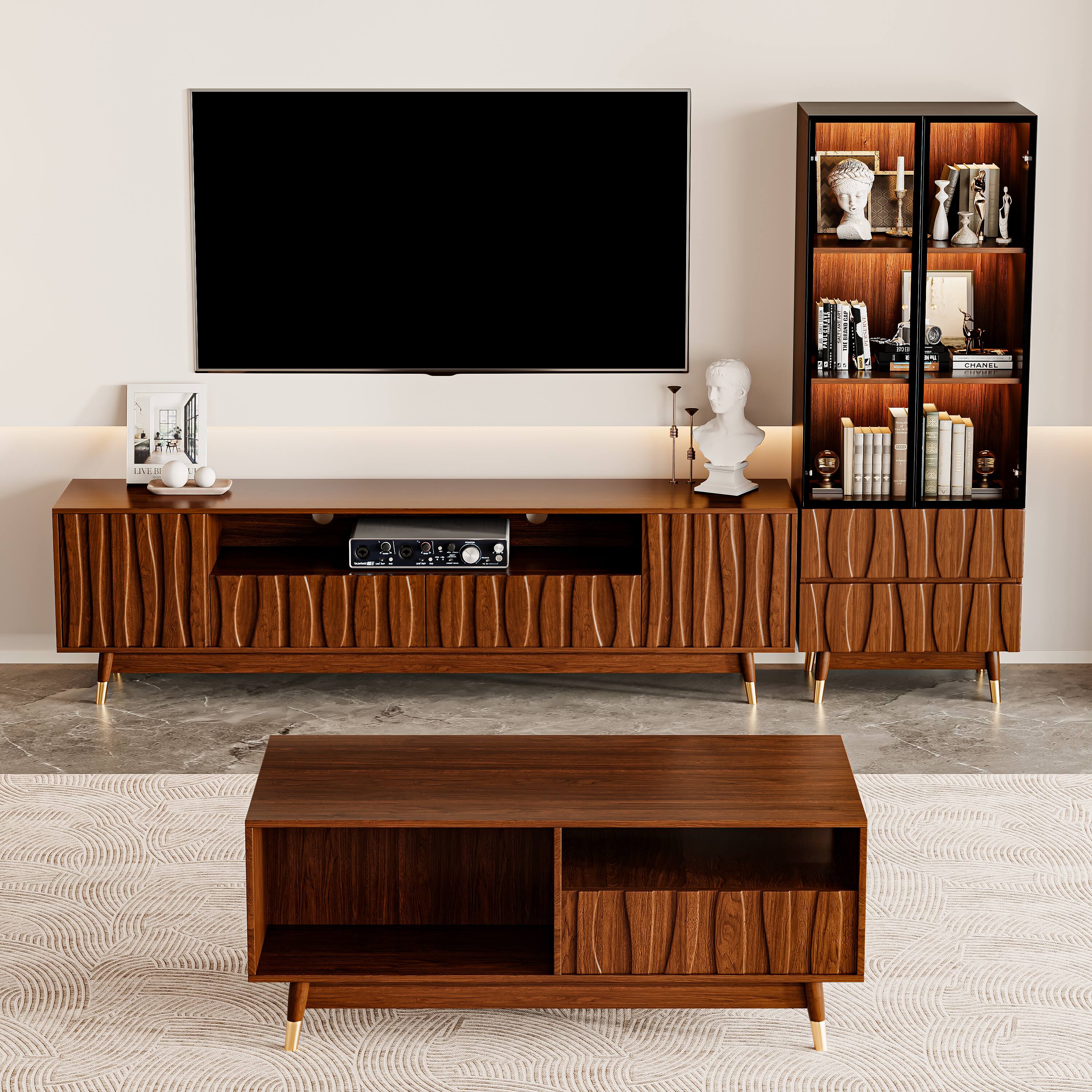 Alt View 1. MSOOB - Walnut TV Stand and Glass Display Cabinet Coffee Table Set, Mid-century Modern Set Entertainment Center up to 85" TVs - Brown.