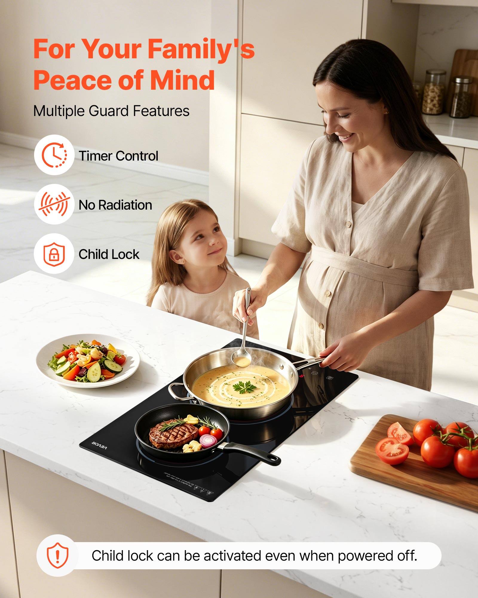 For Your Family's Peace of Mind  
Multiple Guard Features  
- Timer Control  
- No Radiation  
- Child Lock  

Child lock can be activated even when powered off.