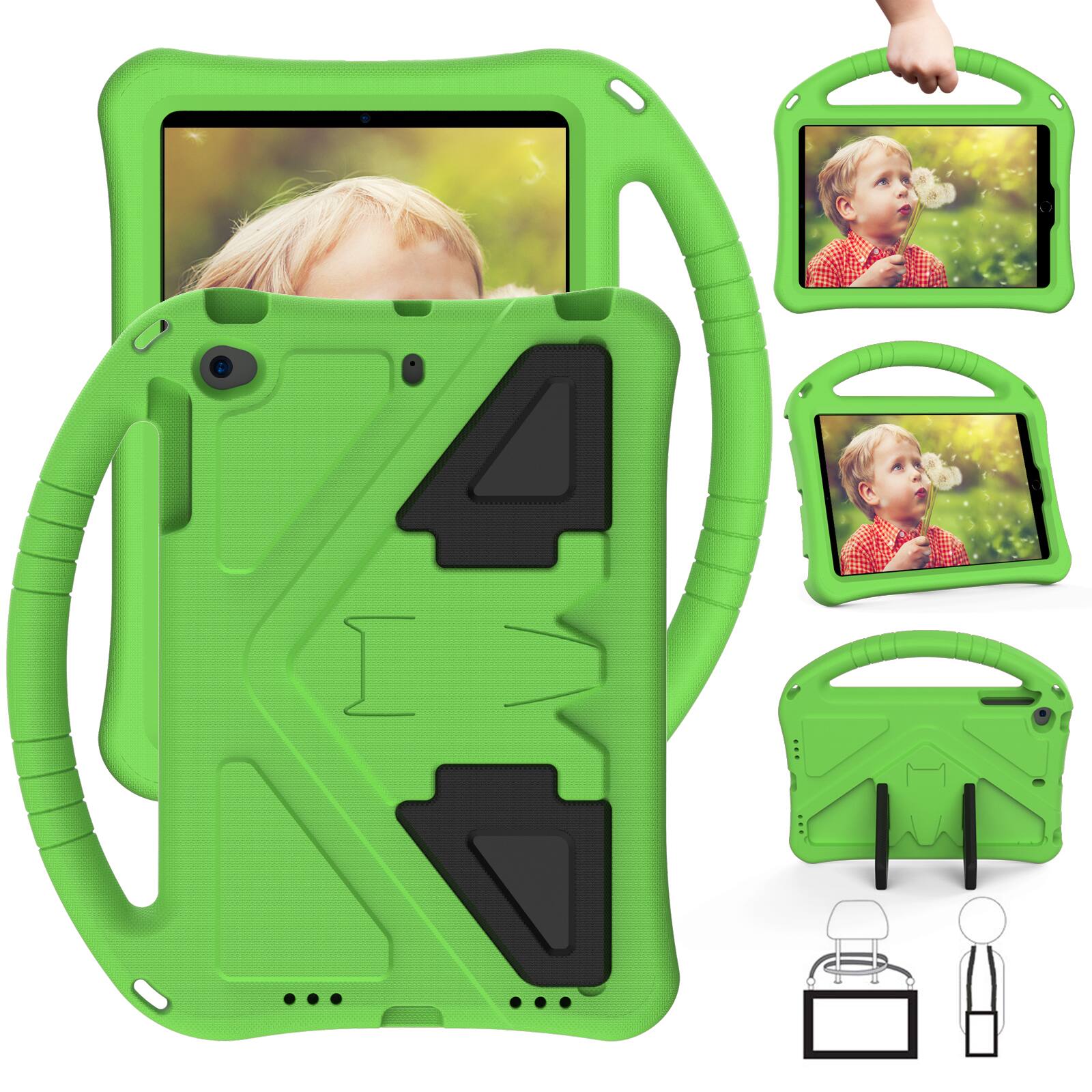 Back. Dteck - Rugged EVA Case for iPad Mini 5/4/3/2/1 (7.9"), Shockproof Kickstand Handle Protective Lightweight Cover - Green.