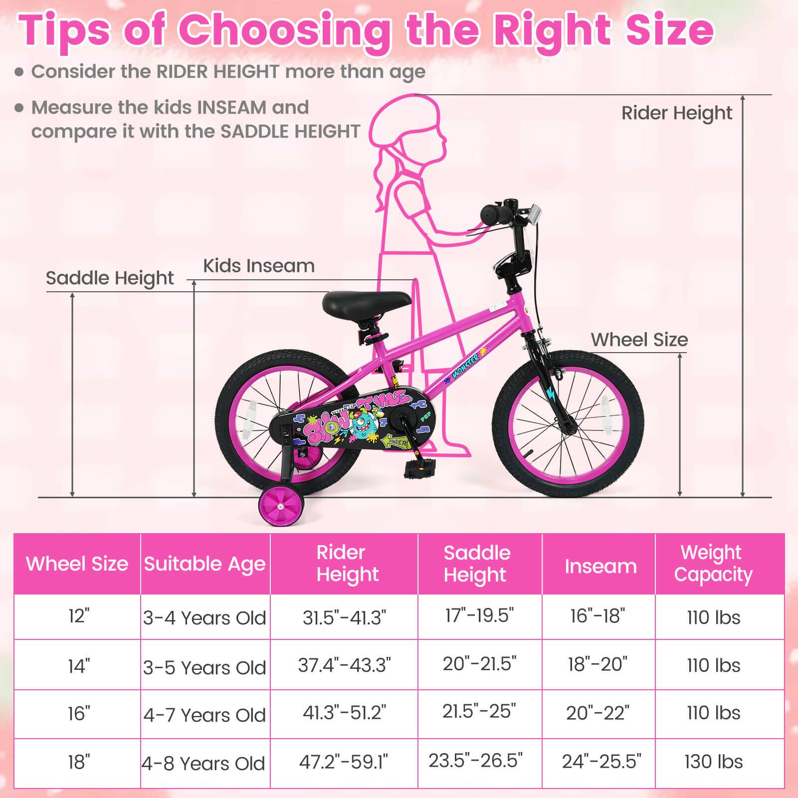 Tips of Choosing the Right Size

- Consider the RIDER HEIGHT more than age
- Measure the kids INSEAM and compare it with the SADDLE HEIGHT

| Wheel Size | Suitable Age | Rider Height | Saddle Height | Inseam | Weight Capacity |
|------------|--------------|--------------|--------------|--------|----------------|
| 12"        | 3-4 Years Old | 31.5"-41.3"   | 17"-19.5"     | 16"-18" | 110 lbs        |
| 14"        | 3-5 Years Old | 37.4"-43.3"   | 20"-21.5"     | 18"-20" | 110 lbs        |
| 16"        | 4-7 Years Old | 41.3"-51.2"   | 21.5"-25"     | 20"-22" | 110 lbs        |
| 18"        | 4-8 Years Old | 47.2"-59.1"   | 2