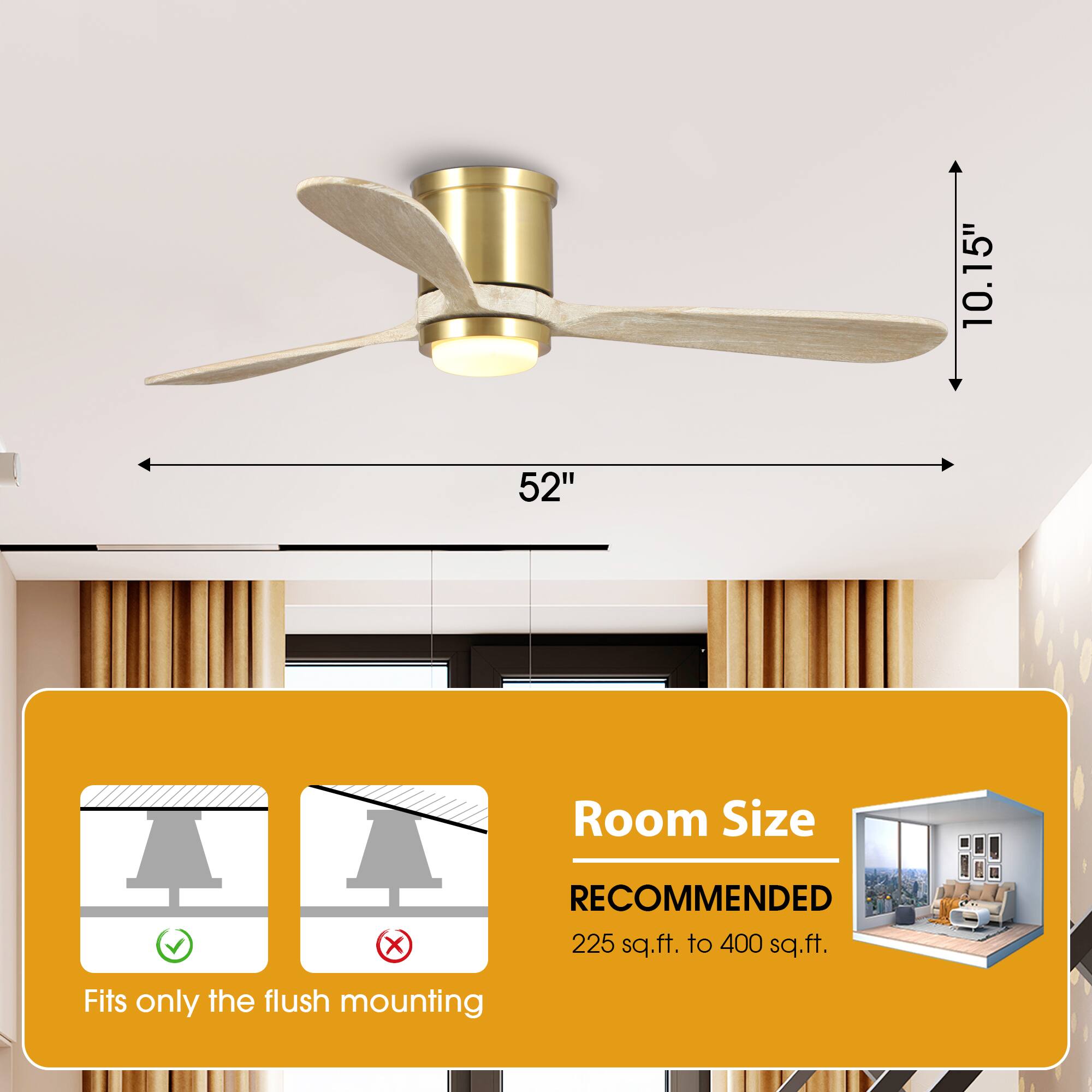 10.15"  
52"  
Room Size  
RECOMMENDED  
225 sq.ft. to 400 sq.ft.  
Fits only the flush mounting  

Room Size  
RECOMMENDED  
225 sq.ft. to 400 sq.ft.