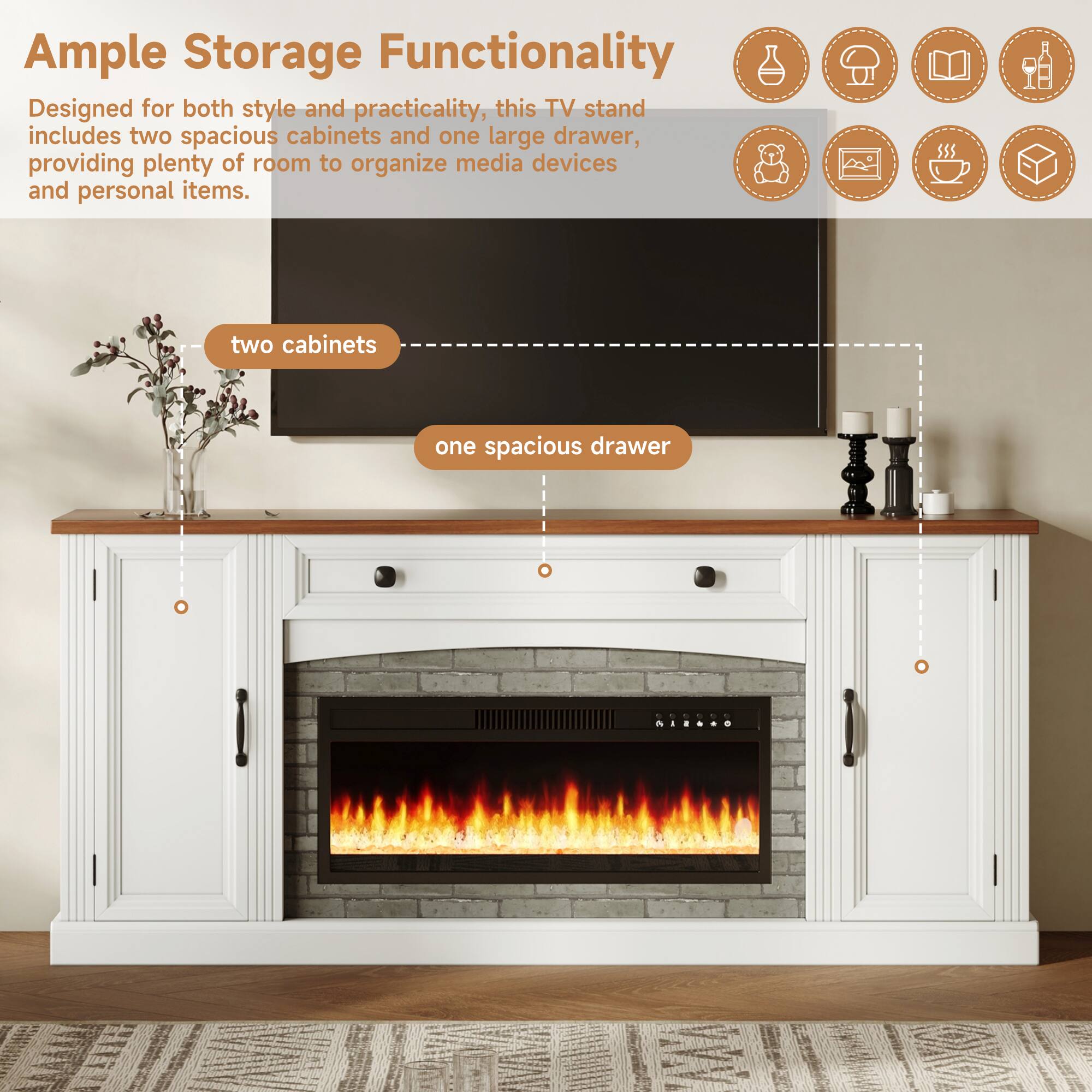 Ample Storage Functionality

Designed for both style and practicality, this TV stand includes two spacious cabinets and one large drawer, providing plenty of room to organize media devices and personal items.

- two cabinets
- one spacious drawer