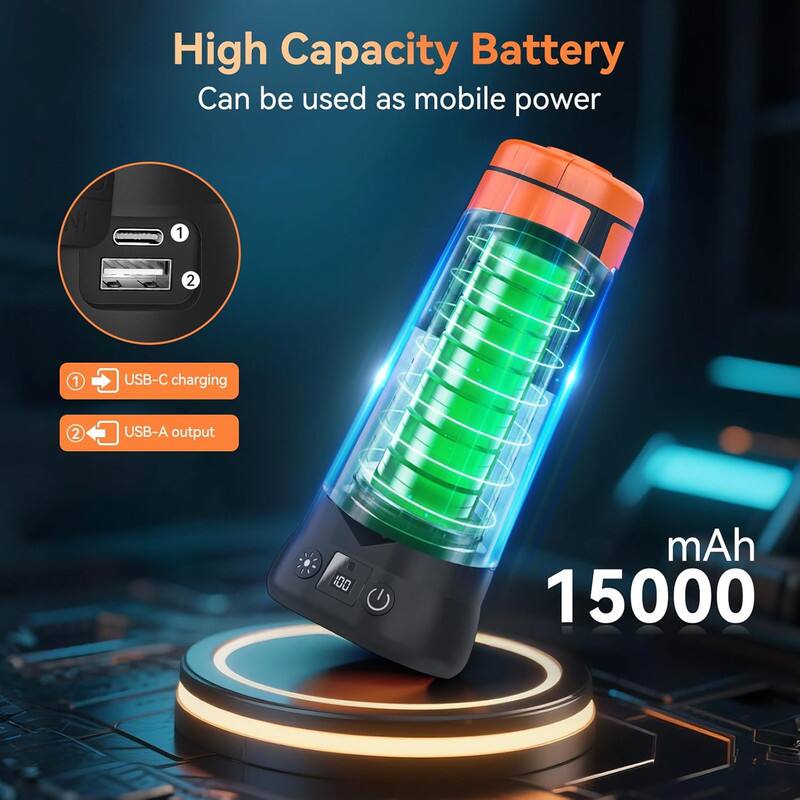 High Capacity Battery  
Can be used as mobile power  

1. USB-C charging  
2. USB-A output  

mAh 15000