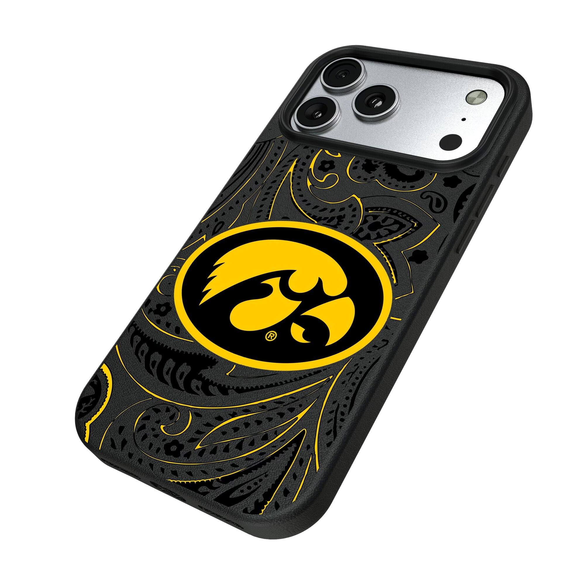 Alt View 1. Keyscaper - Iowa Hawkeyes Paisley iPhone Magnetic Bump Case - 16 Plus - Black.