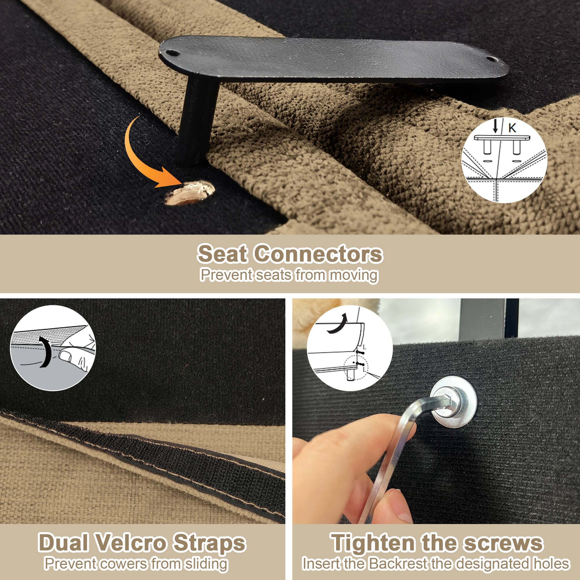 - Seat Connectors
  - Prevent seats from moving

- Dual Velcro Straps
  - Prevent cows from sliding

- Tighten the screws
  - Insert the backrest into the designated holes