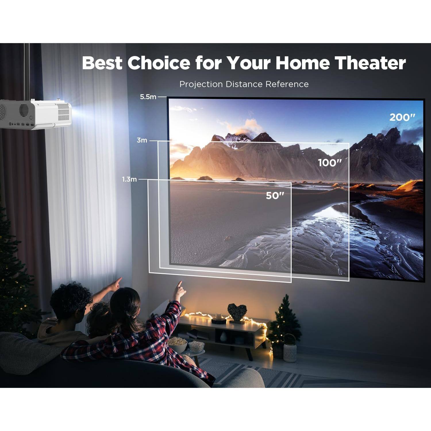 Best Choice for Your Home Theater  
Projection Distance Reference  

5.5m - 200"  
3m - 100"  
1.3m - 50"