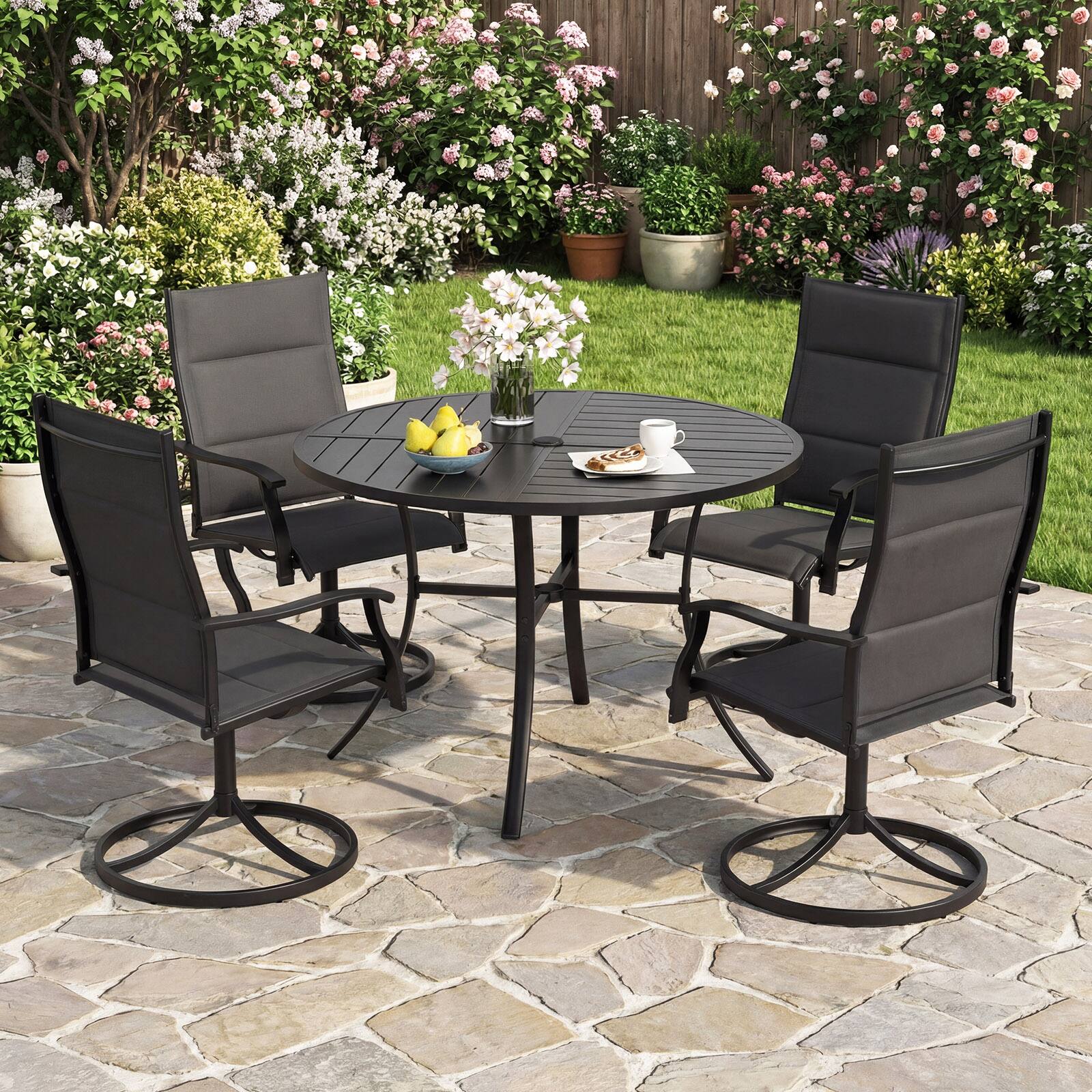 Alt View 3. Gymax - Gymax Patio Dining Table 42.5'' Round Metal Slat Table w/ Umbrella Hole Outdoor - Black.