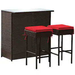 Costway - 3PCS Patio Rattan Wicker Bar Table Stools Dining Set Cushioned Chairs Garden - Mixed Brown/Red