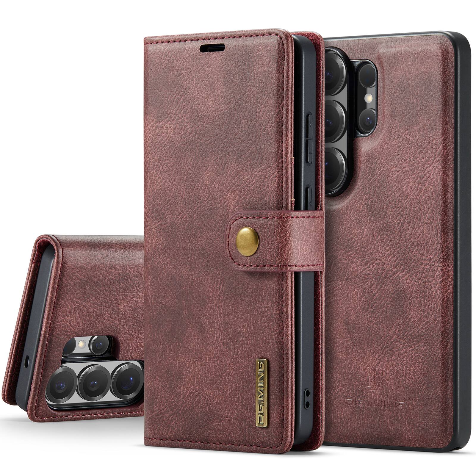 Left. Dteck - Case For Samsung Galaxy S26 Ultra 2-in-1 Vintage Leather Magnetic Detachable Flip Folio Stand Slim Wallet Cover - Red.