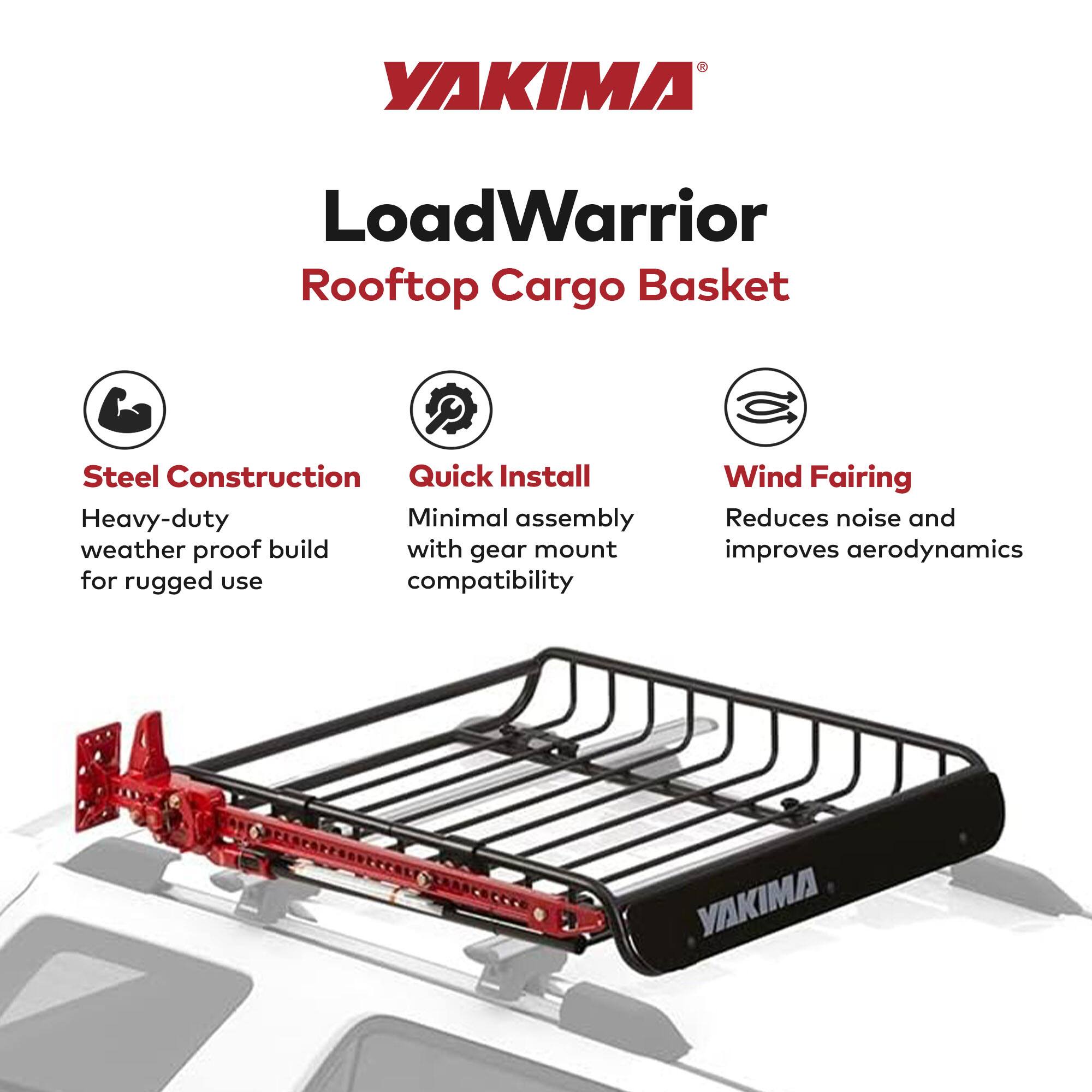 YAKIMA LoadWarrior Rooftop Cargo Basket

- Steel Construction
  - Heavy-duty weather proof build for rugged use

- Quick Install
  - Minimal assembly with gear mount compatibility

- Wind Fairing
  - Reduces noise and improves aerodynamics