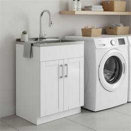 Simpli Home - Modern Wide Shaker 28 inch Wide Utility Sink and Laundry Cabinet, Finish - Glacier White