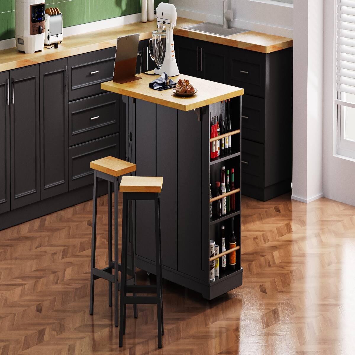 Left. Loheer - Loheer 53 inch large kitchen island with drop leaf, black kitchen island with open shelves, 3AC 2USB power outlet - Black.