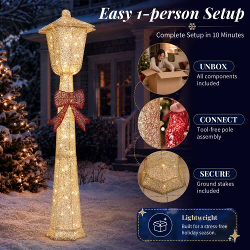 Easy 1-person Setup  
Complete Setup in 10 Minutes  
UNBOX  
All components included  
CONNECT  
Tool-free pole assembly  
SECURE  
Ground stakes included  
Lightweight  
Built for a stress-free holiday season.